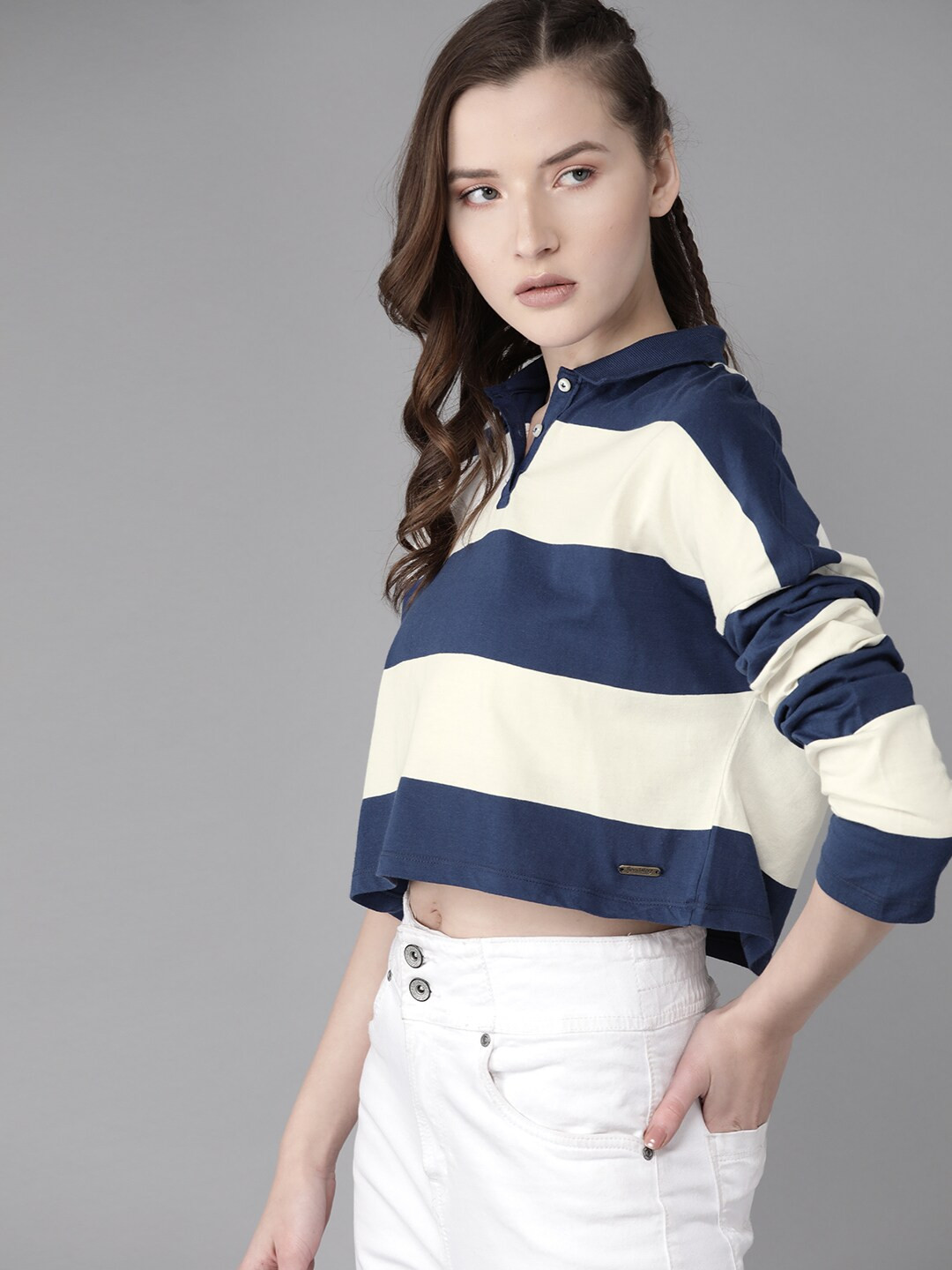 Roadster Women White & Navy Blue Antiviral Protective Finish  Striped Cropped Polo Collar T-shirt