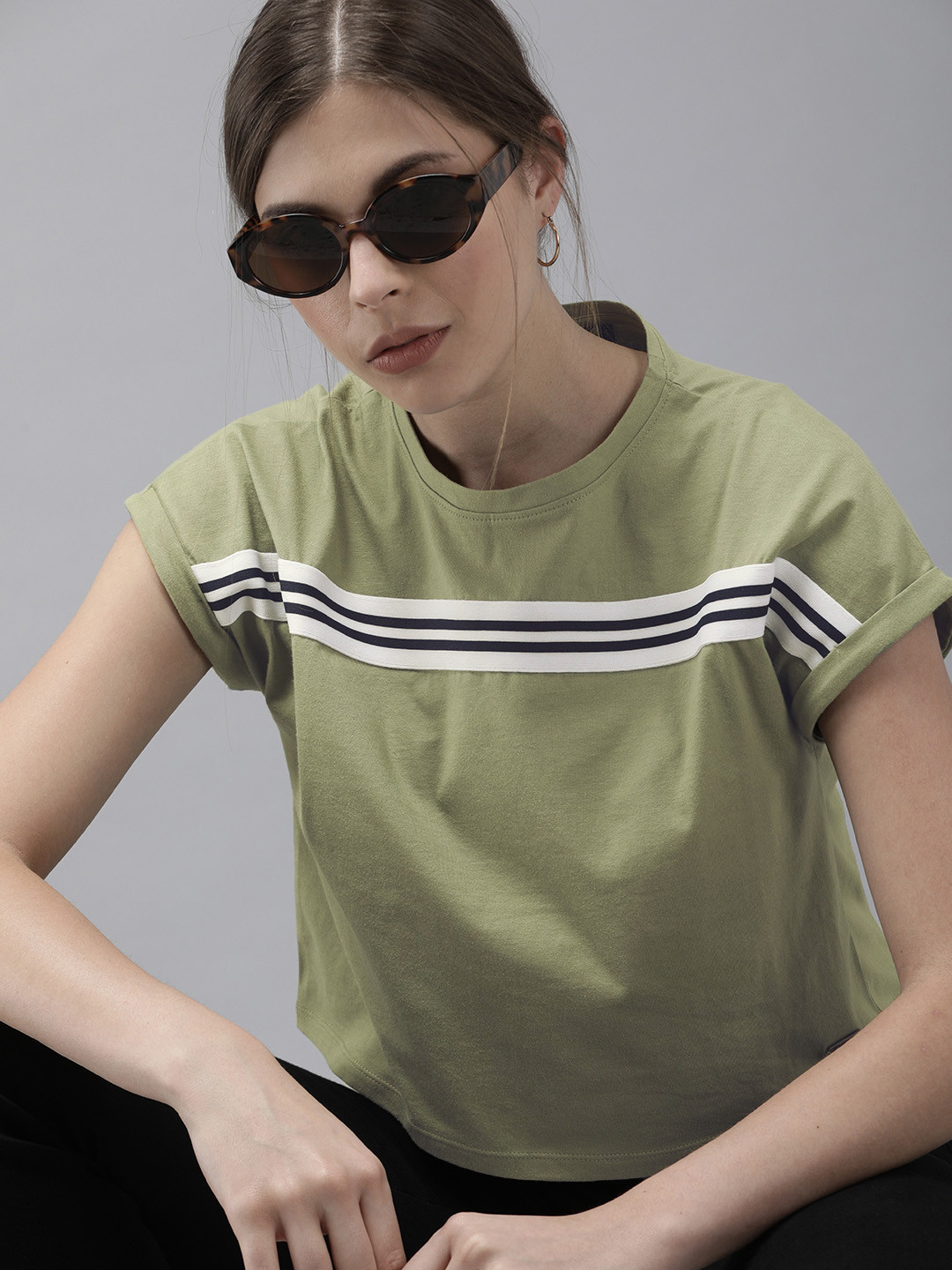 Roadster Women Olive Green Solid Round Neck Cropped Pure Cotton T-shirt with Striped Detailing