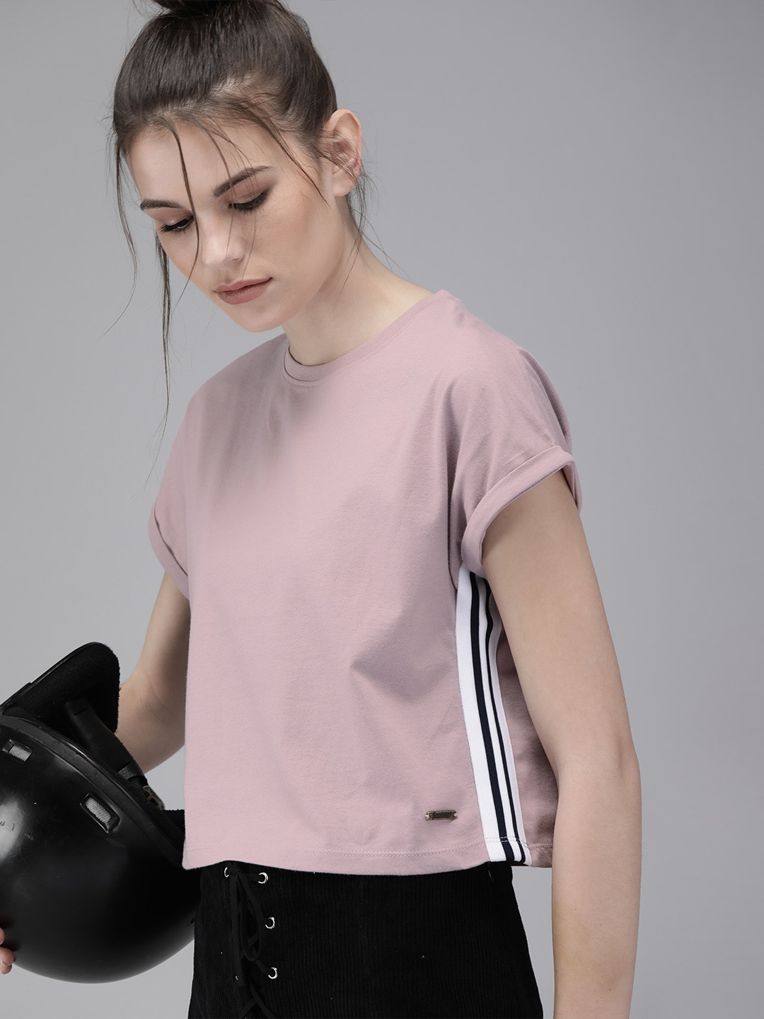 Roadster Women Pink Solid Round Neck Crop Pure Cotton T-shirt with Side Tape Detail