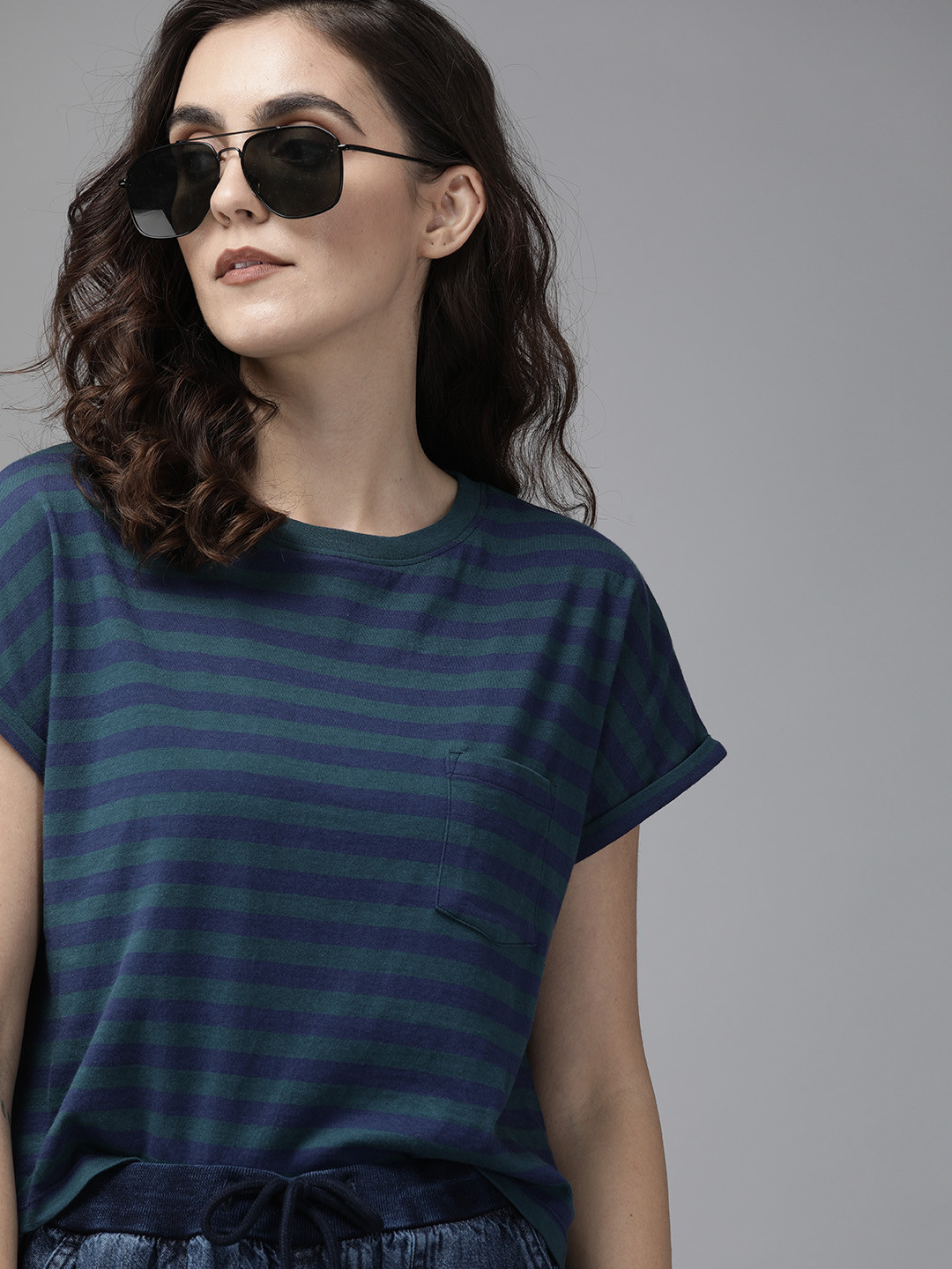 Roadster Women Navy Blue Striped Round Neck T-shirt