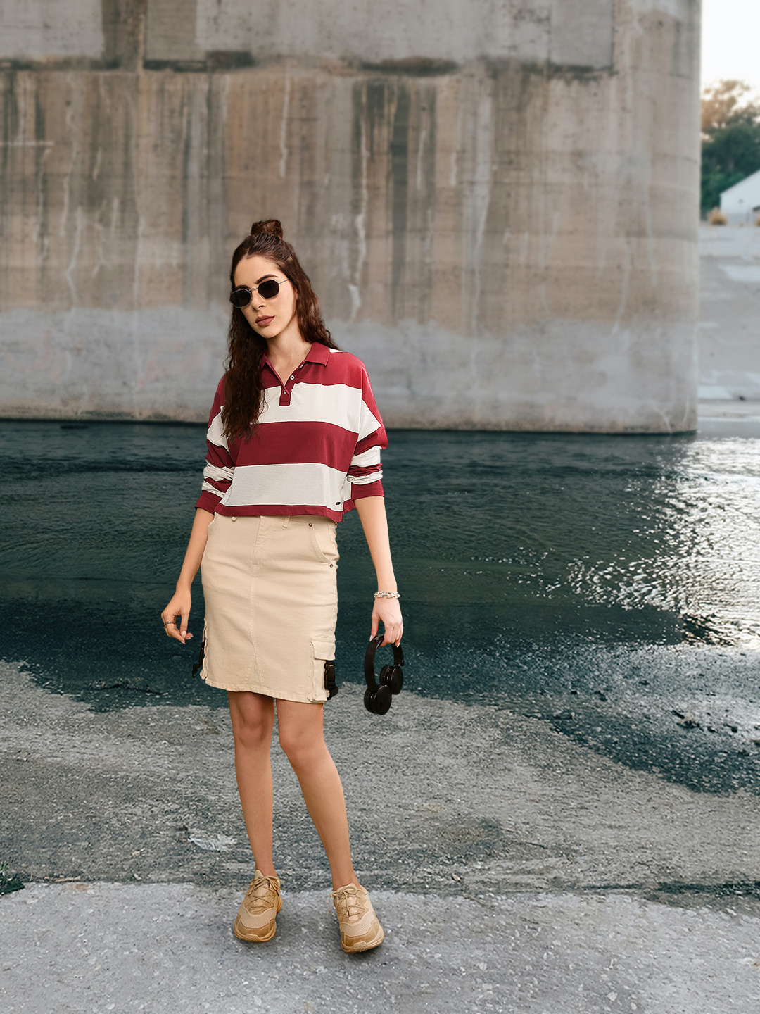 Roadster Women Maroon & White Antiviral Protective Finish Striped Cropped Polo Collar T-shirt