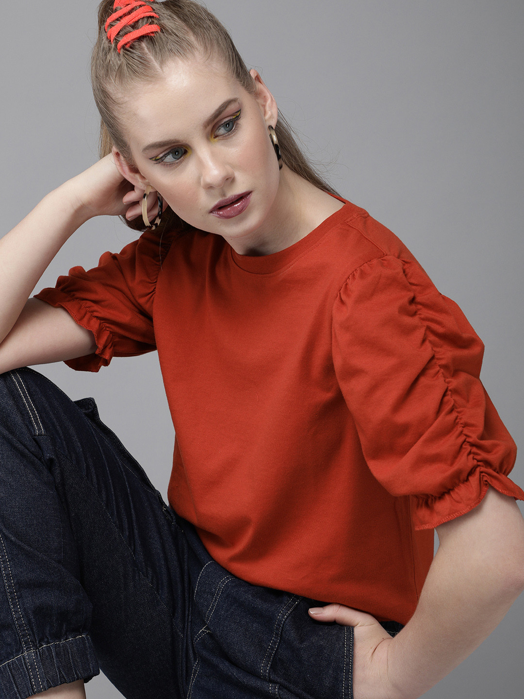 Roadster Women Rust Orange Ruched Sleeves Solid Top