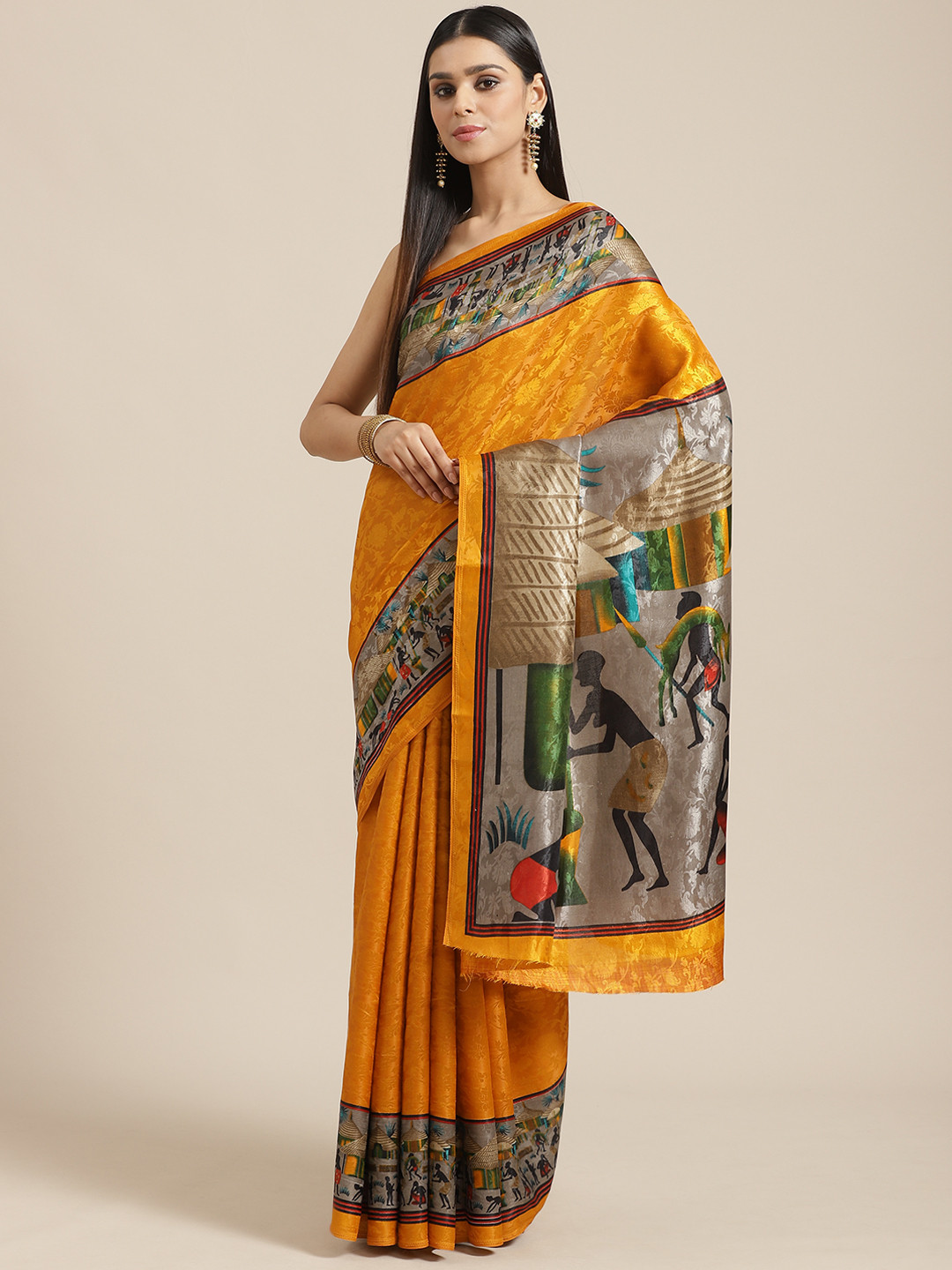 Saree mall Mustard Yellow & Charcoal Grey Ethnic Woven Design Saree
