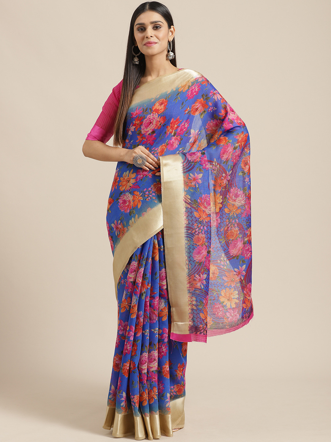Saree mall Blue & Pink Floral Print Saree