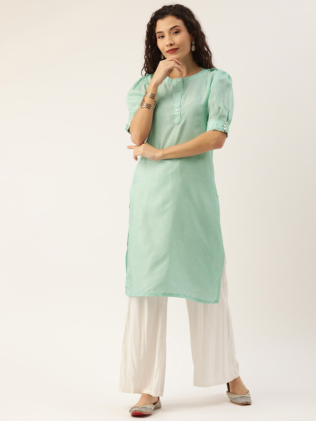 Instafab Women Green Solid Straight Kurta with Shoulder Tabs