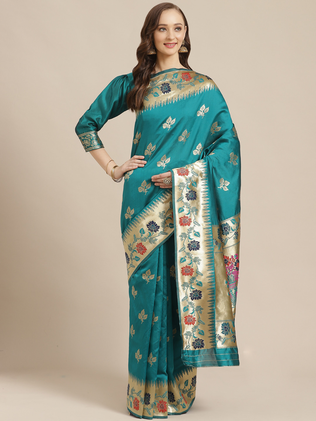 Saree mall Teal Green & Golden Woven Design Banarasi Saree