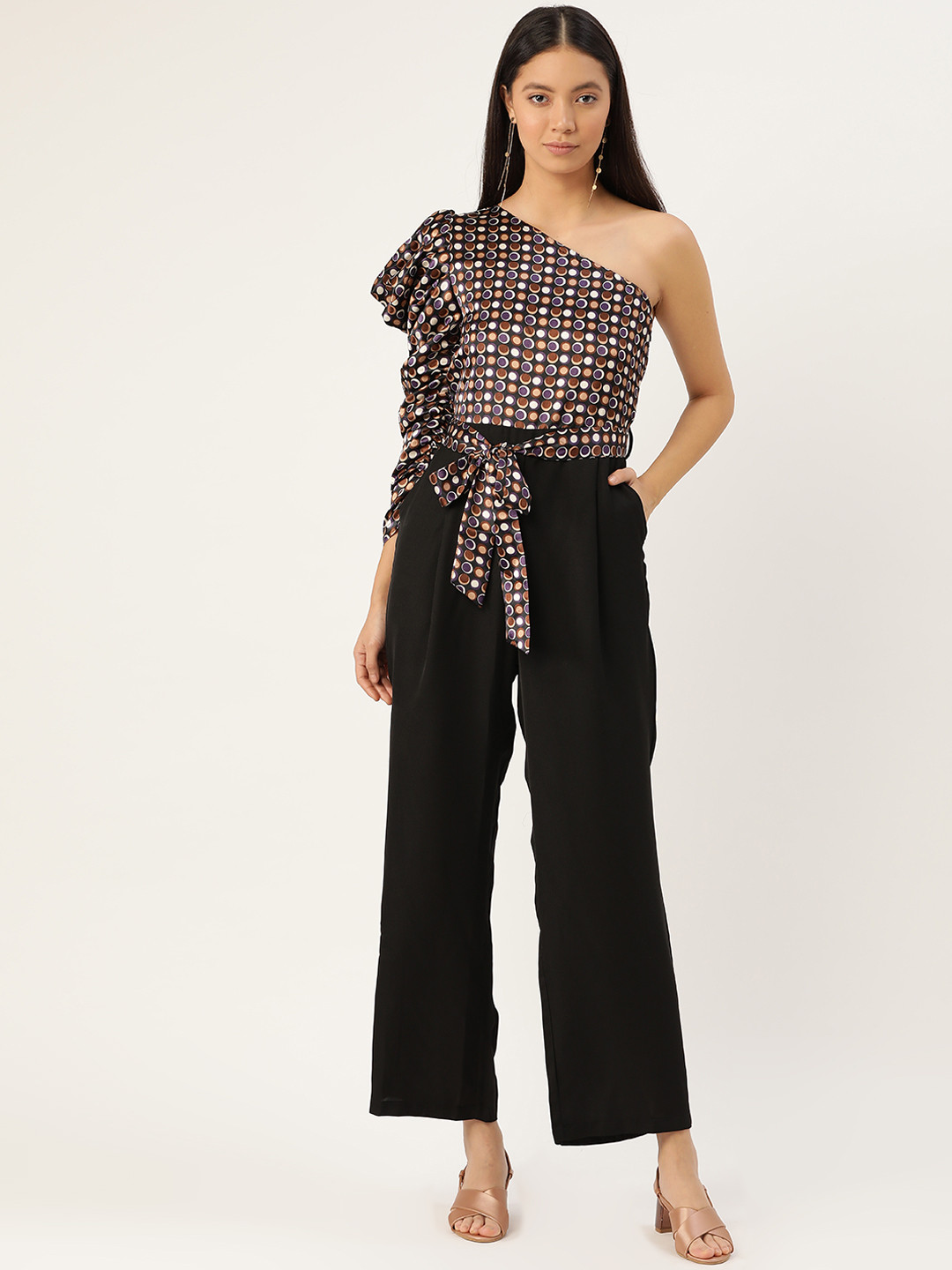 Antheaa Women Black & Brown One-Shoulder Printed Basic Jumpsuit