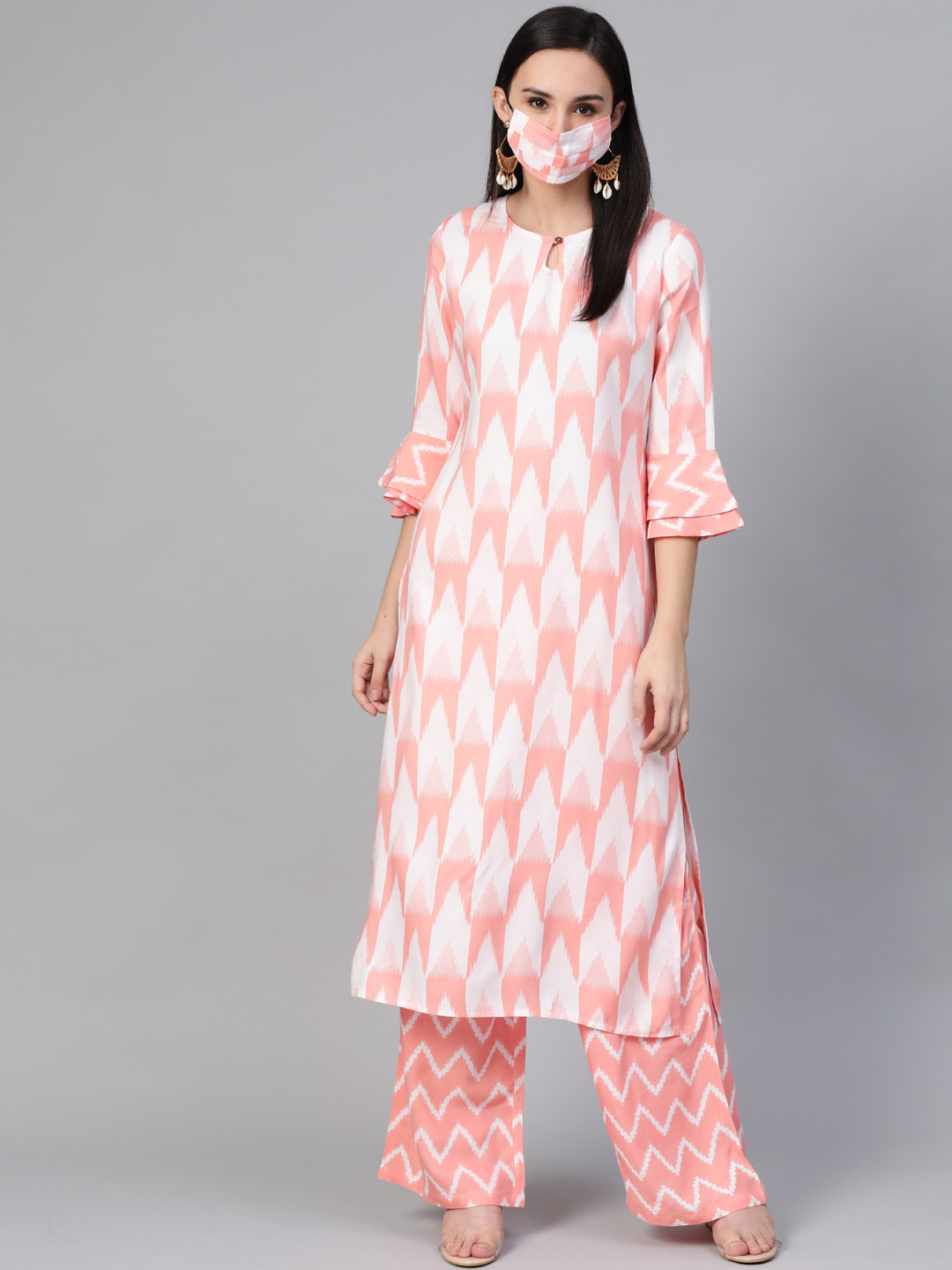 Sringam Women Pink  Off-White Printed Kurta with Palazzos