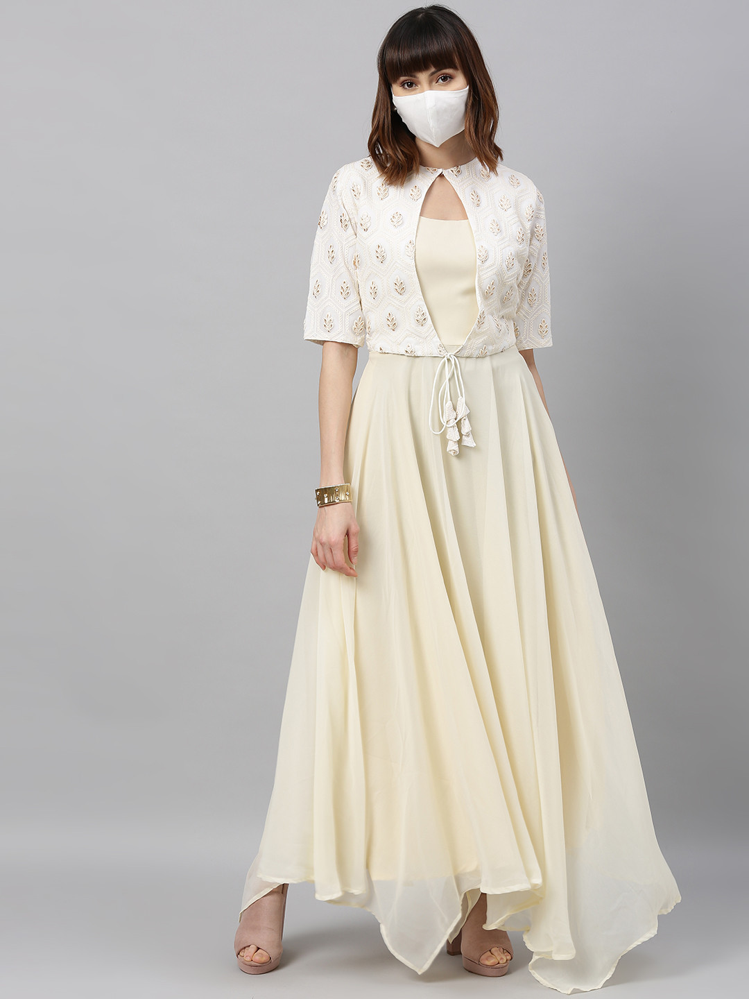 Ethnovog Women Off-White Solid Made to Measure Flared Maxi Dress