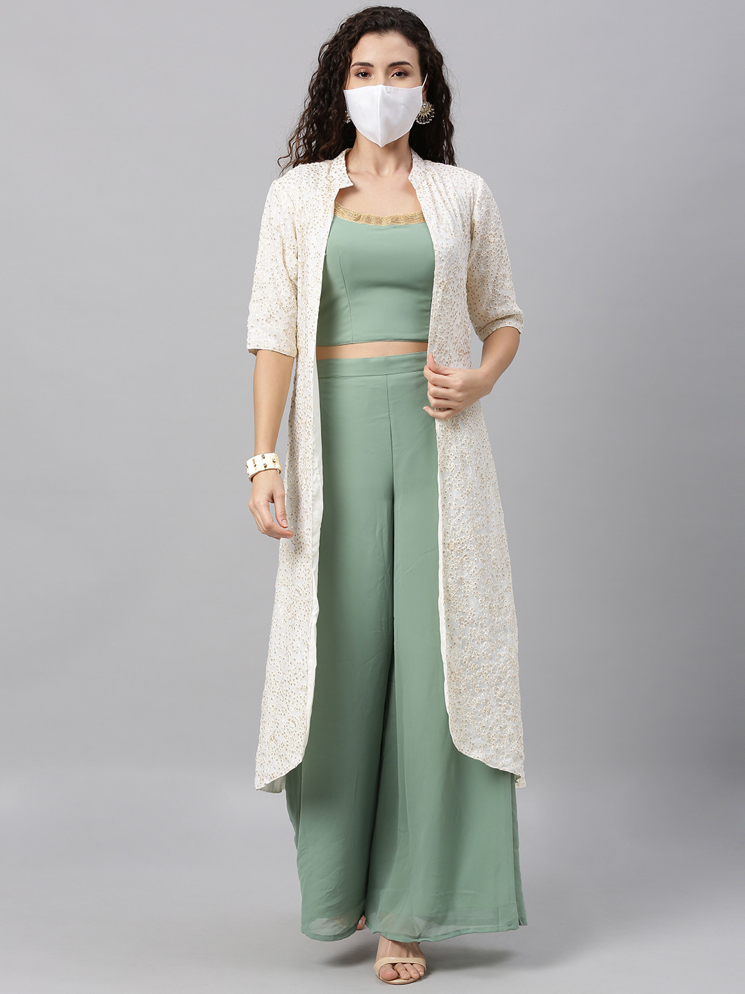 Ethnovog Women Green  White Solid Made To Measure Top with Palazzos  Mask