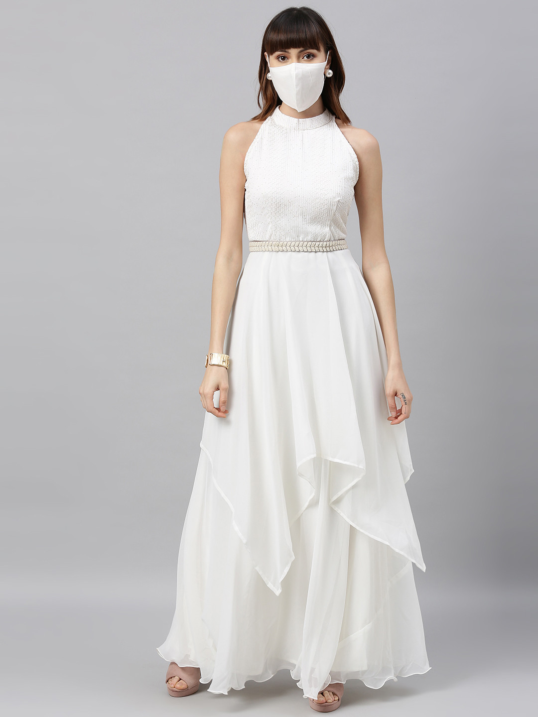 Ethnovog Women White Solid Made to Measure Flared Maxi Dress