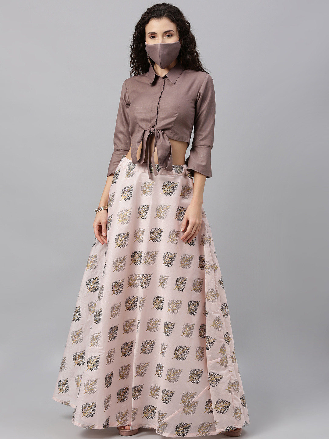 Ethnovog Women Brown  Pink Solid Made to Measure Lehenga with Blouse