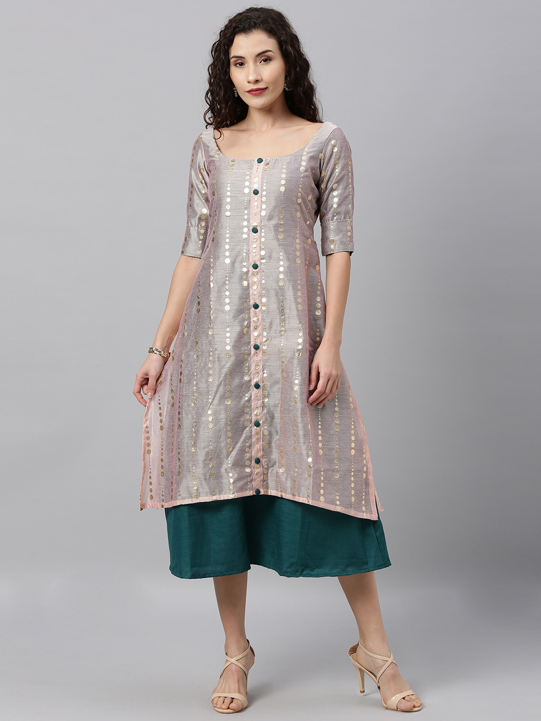 Ethnovog Women Pink  Green Foil Printed Made To Measure A-Line Layered Dress