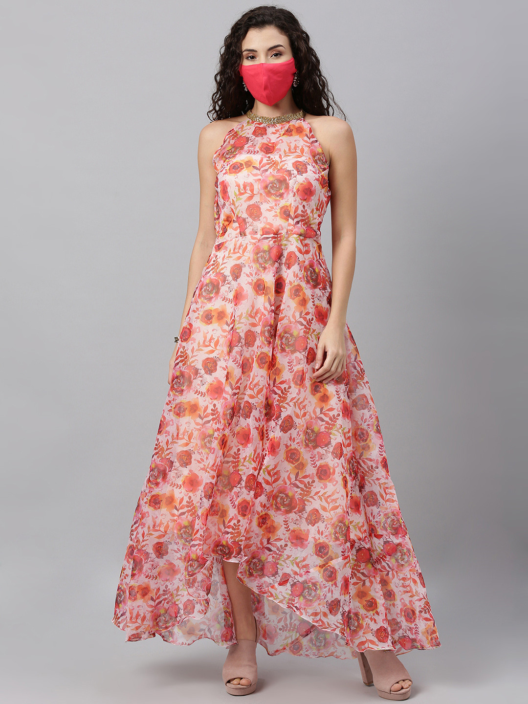 Ethnovog Women White  Pink Printed Made to Measure Fit and Flare Dress