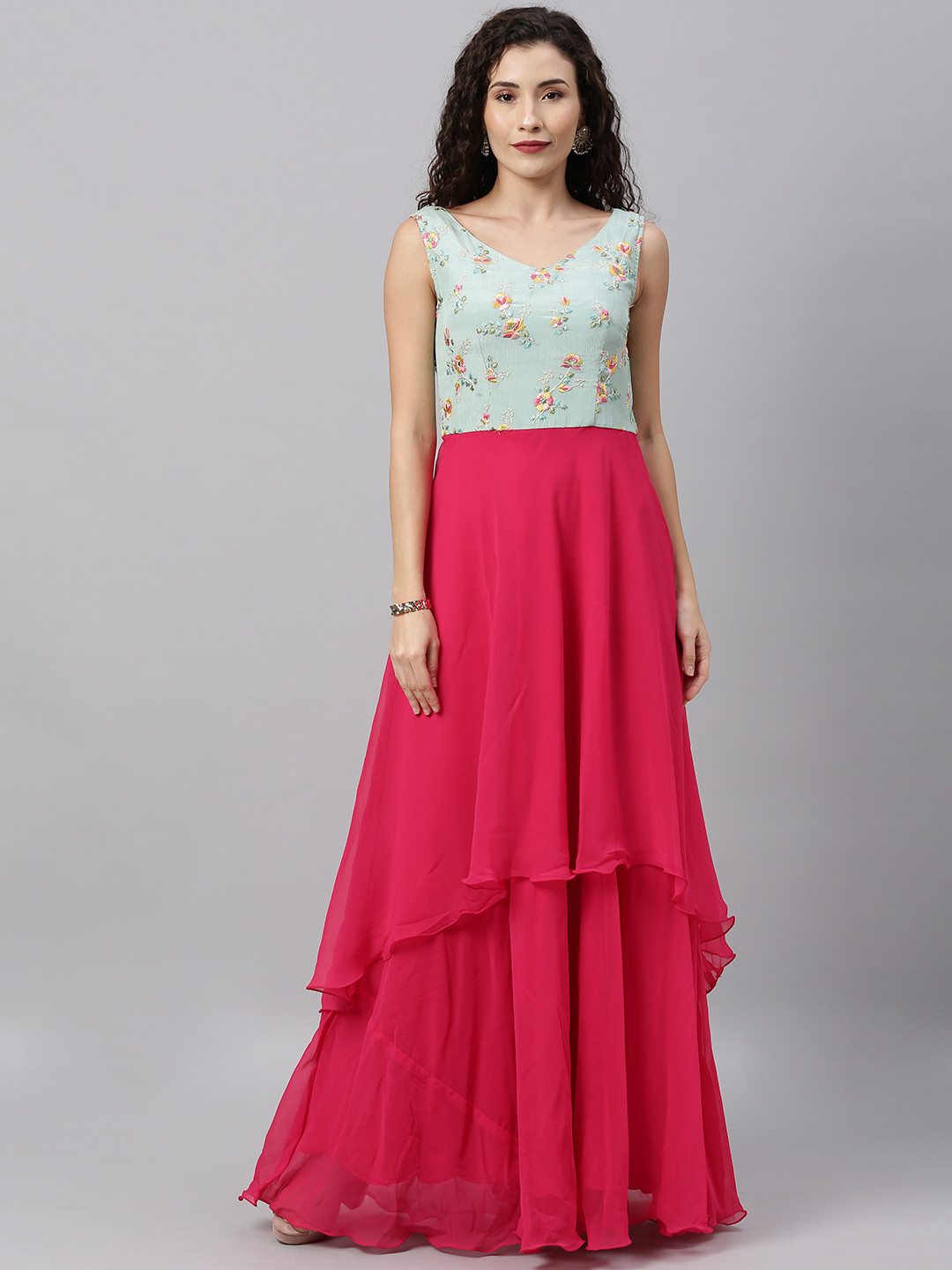 Ethnovog Women Pink  Blue Embroidered Layered Maxi Made To Measure Dress