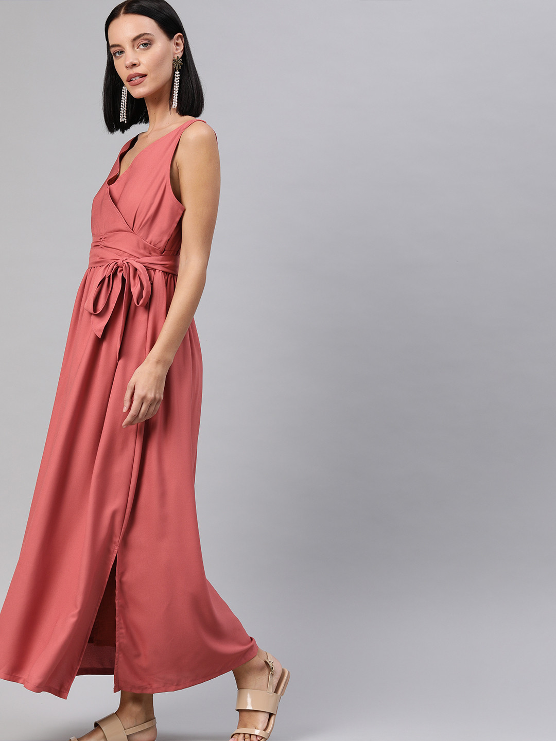 HERE&NOW Women Red Solid Maxi Dress with Tie-Ups