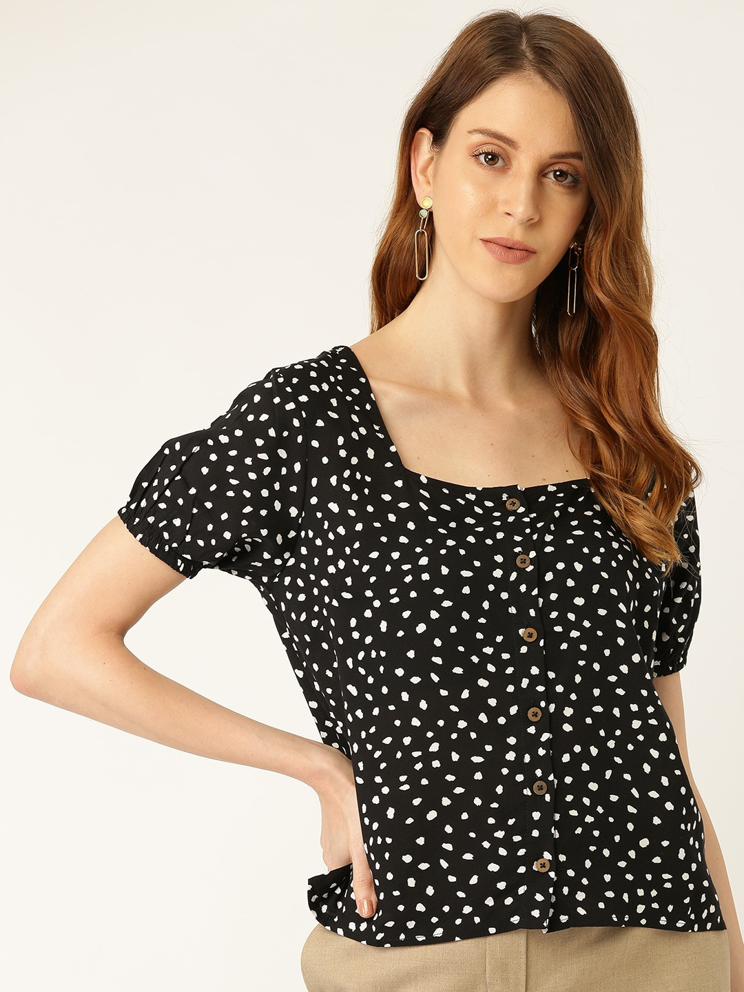 her by invictus Black & White Monochrome Puff Sleeves Top