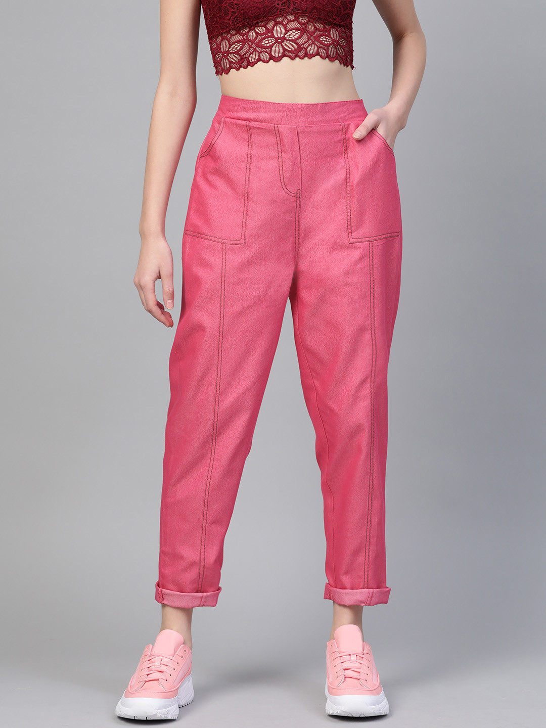 SASSAFRAS Women Pink Twill Weave Tapered Fit Solid Regular Trousers
