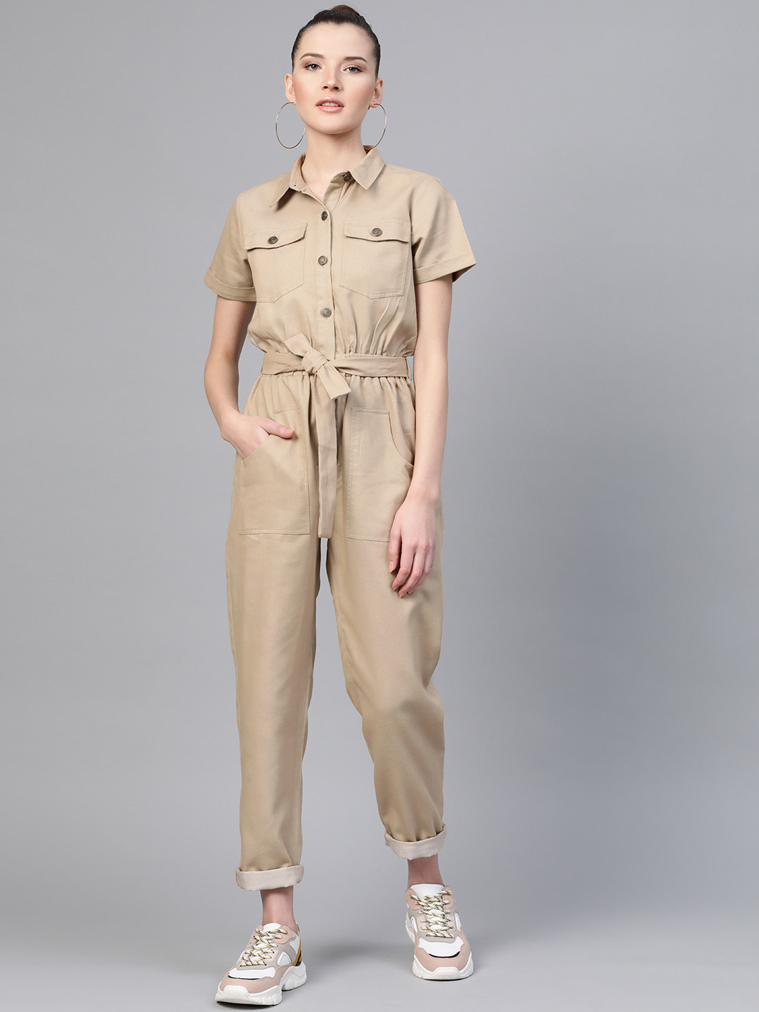 SASSAFRAS Women Beige Solid Twill Tapered Basic Jumpsuit
