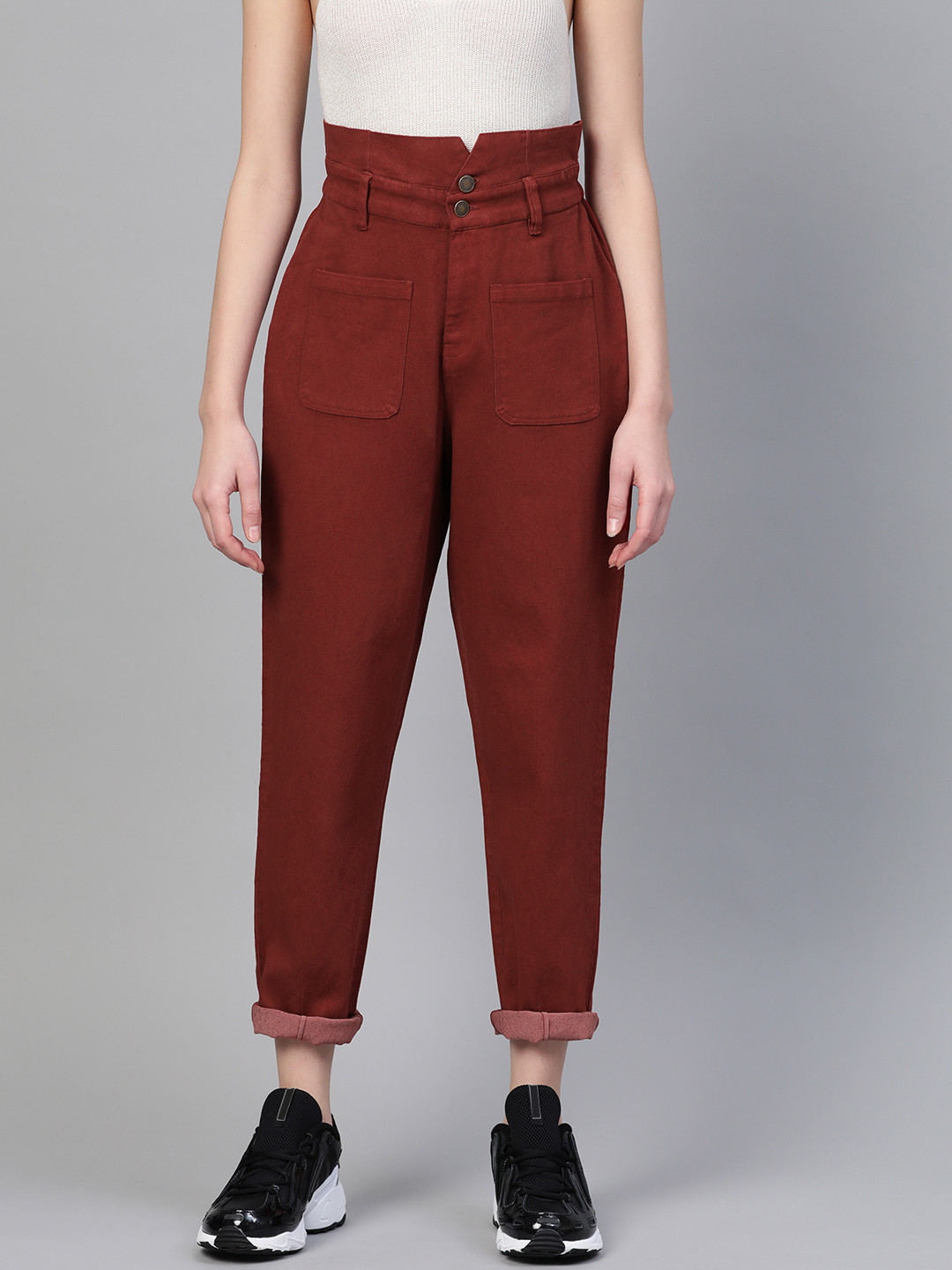 SASSAFRAS Women Rust Red Regular Fit Solid High-Rise Slouchy Jeans