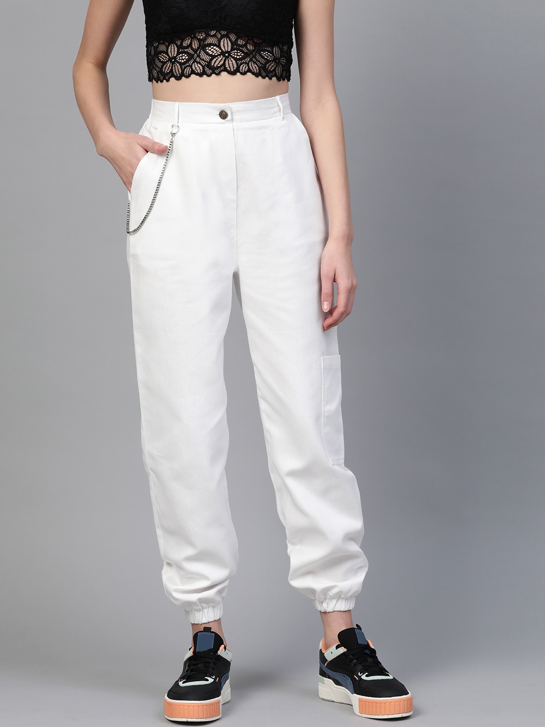 Buy SASSAFRAS Women White High Rise Pure Cotton Joggers - Trousers