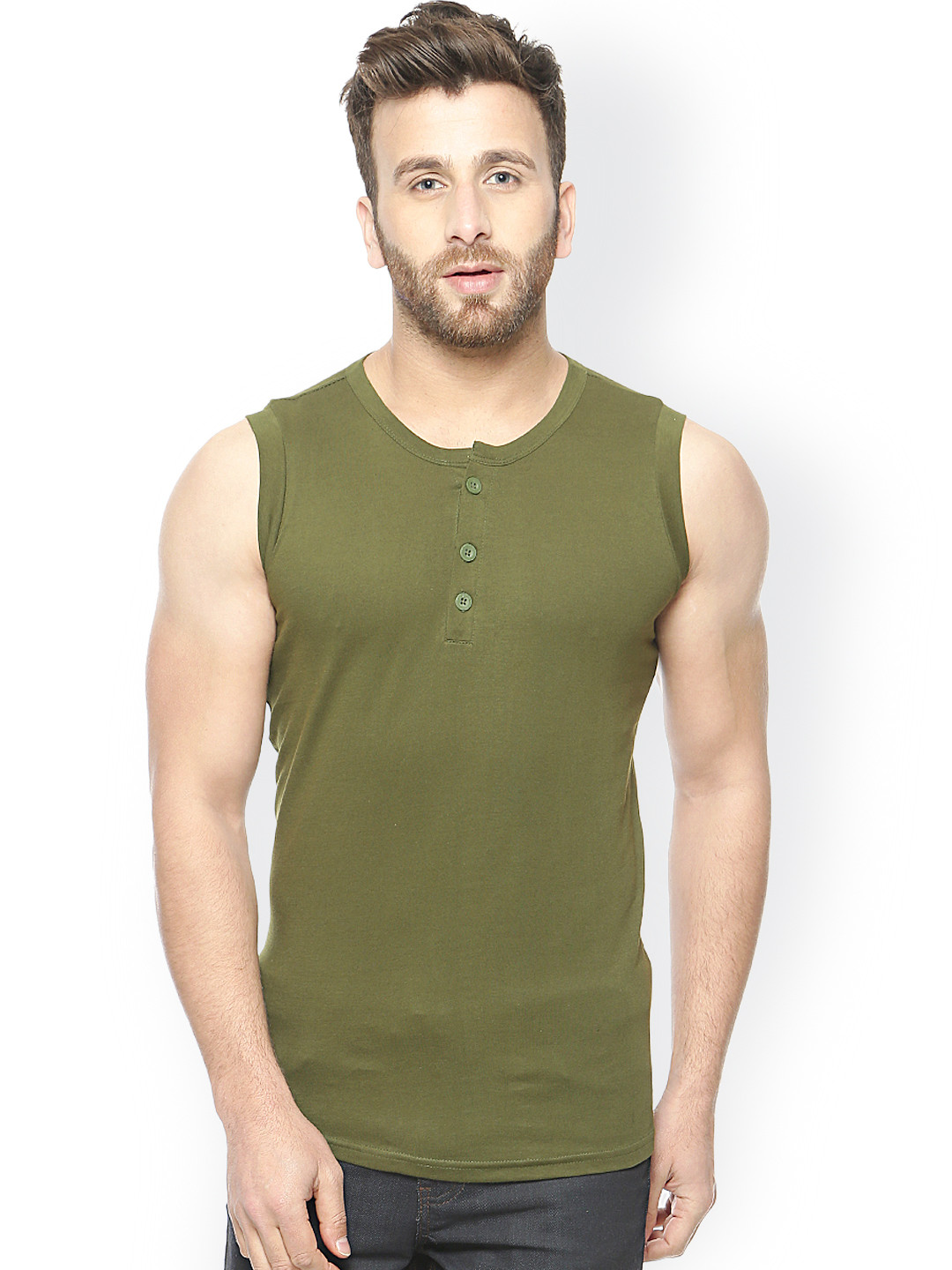GRITSTONES Olive Green Sleeveless T-shirt