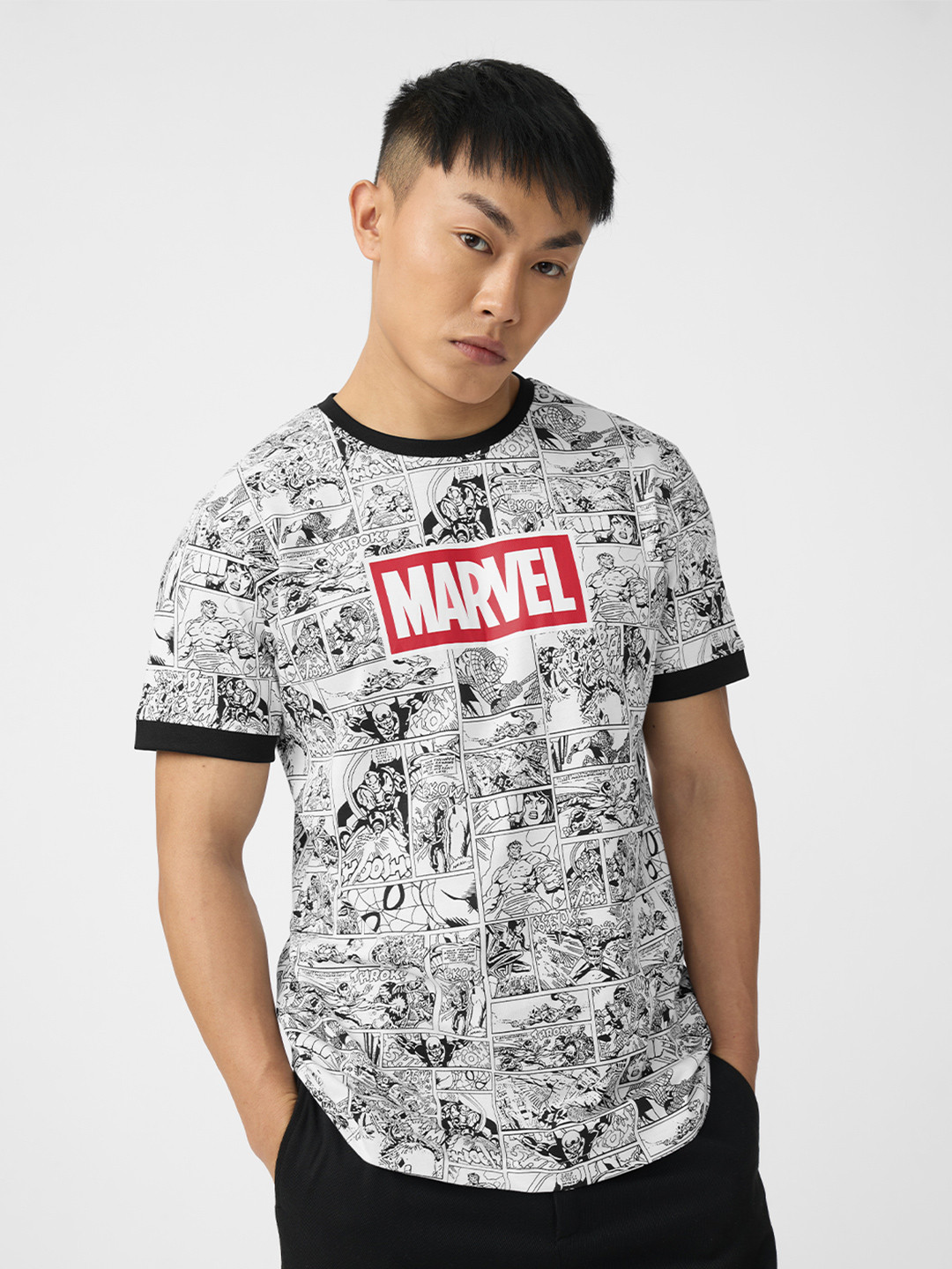 The Souled Store Men White & Black Marvel Comic Strip Print Round Neck T-shirt
