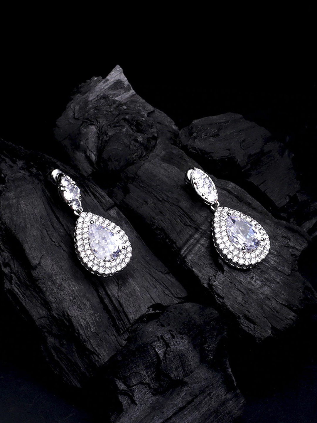 Yellow Chimes Silver-Plated CZ Studded Teardrop Shaped Drop Earrings