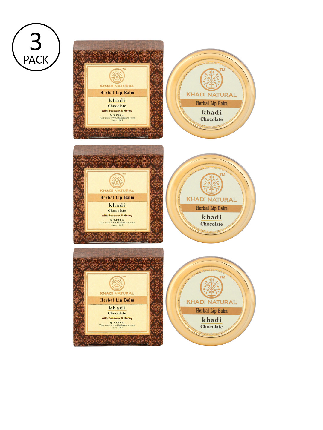 Khadi Natural Set of 3 Chocolate Herbal Lip Balm With Beeeswax & Honey
