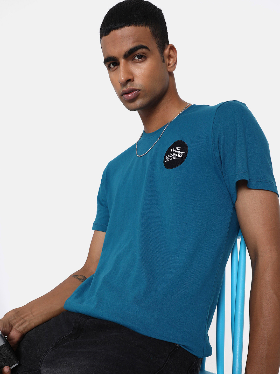 Roadster Men Teal Blue Embroidered Round Neck Pure Cotton T-shirt