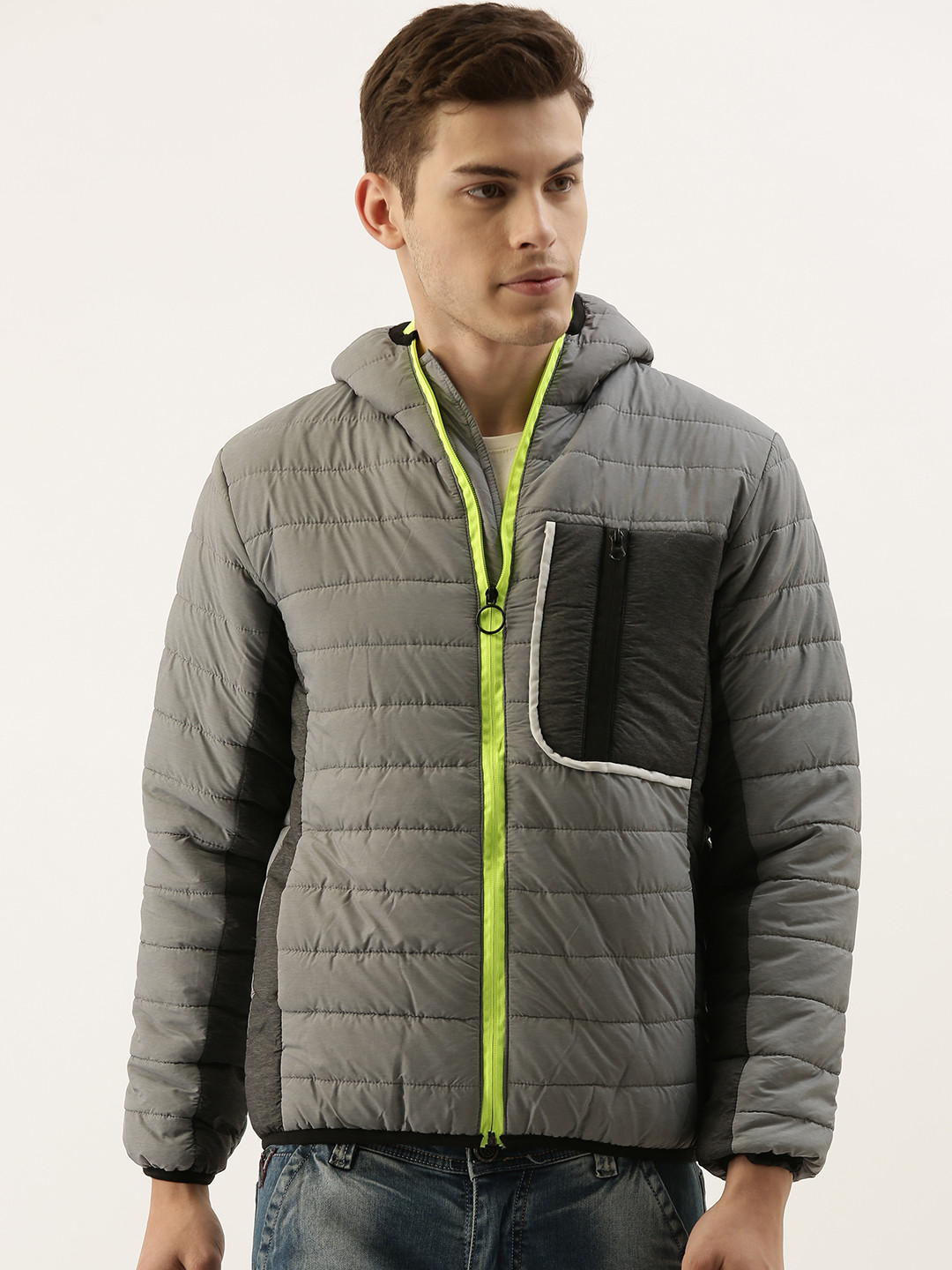 Campus Sutra Men Grey Solid Windcheater Padded Jacket with Pocket Detail