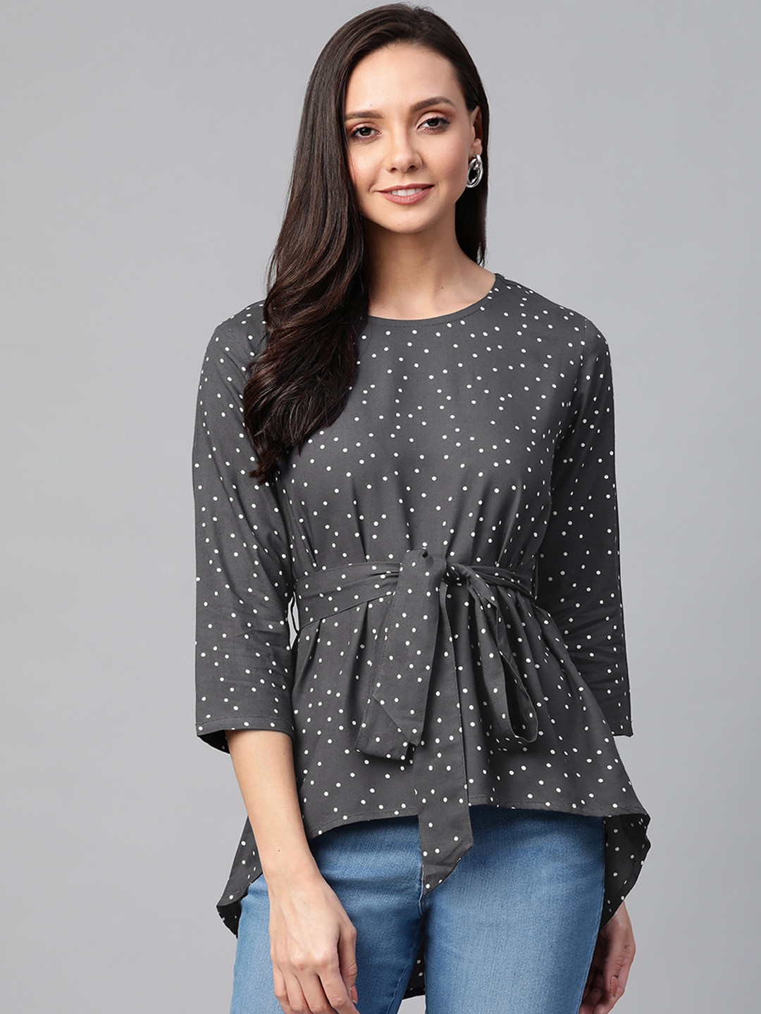YASH GALLERY Women Charcoal Grey & White Printed High-Low Top