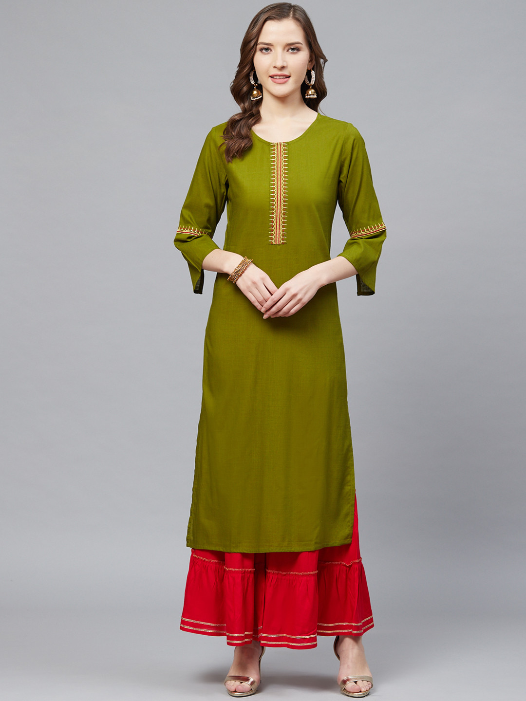 YASH GALLERY Women Olive Green & Red Solid Kurta with Sharara