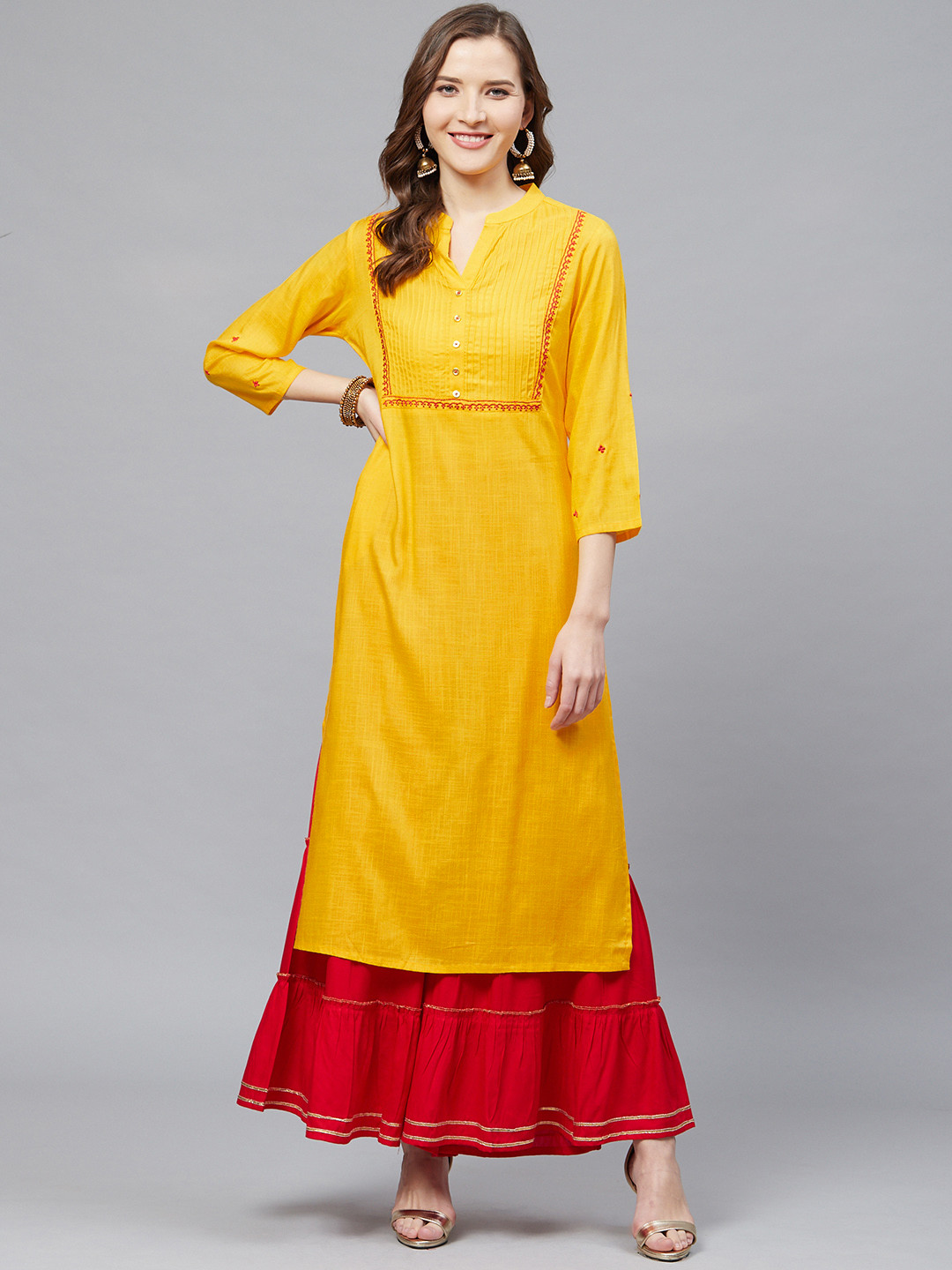 YASH GALLERY Women Mustard Yellow & Red Yoke Design Kurta with Sharara