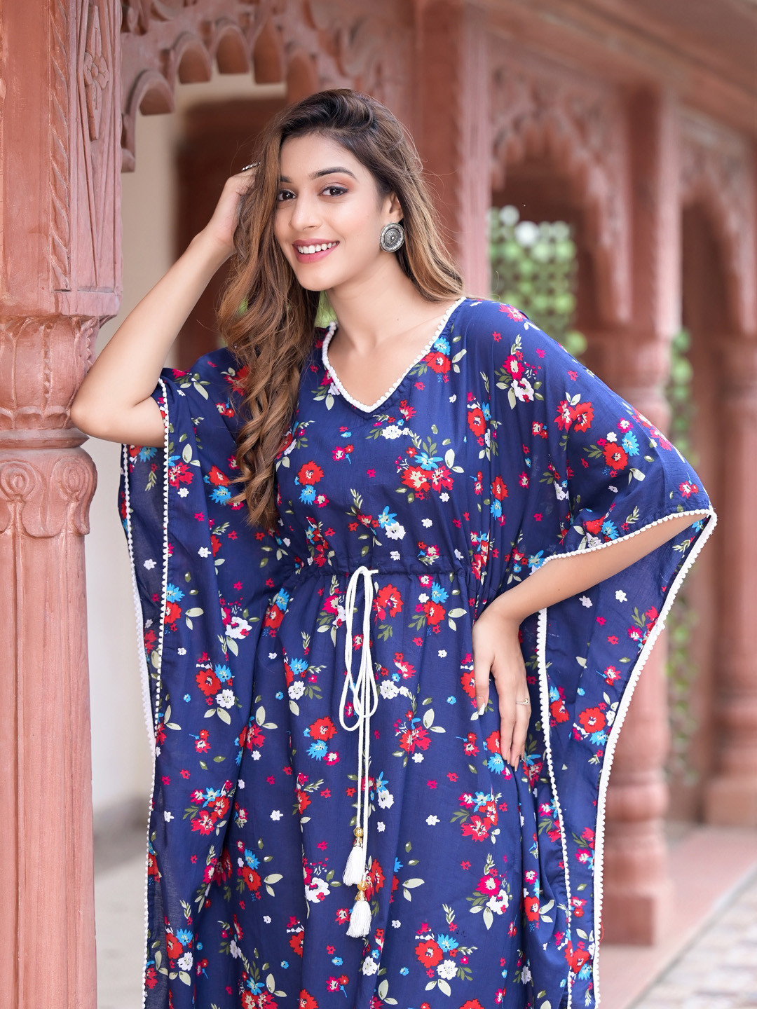 YASH GALLERY Floral Print Flared Sleeve Kaftan Midi Dress