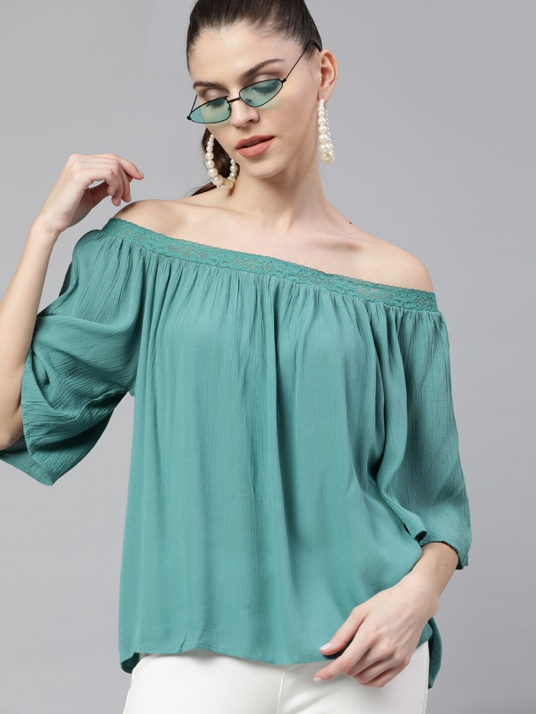 STREET 9 Women Turquoise Blue Solid Bardot Top