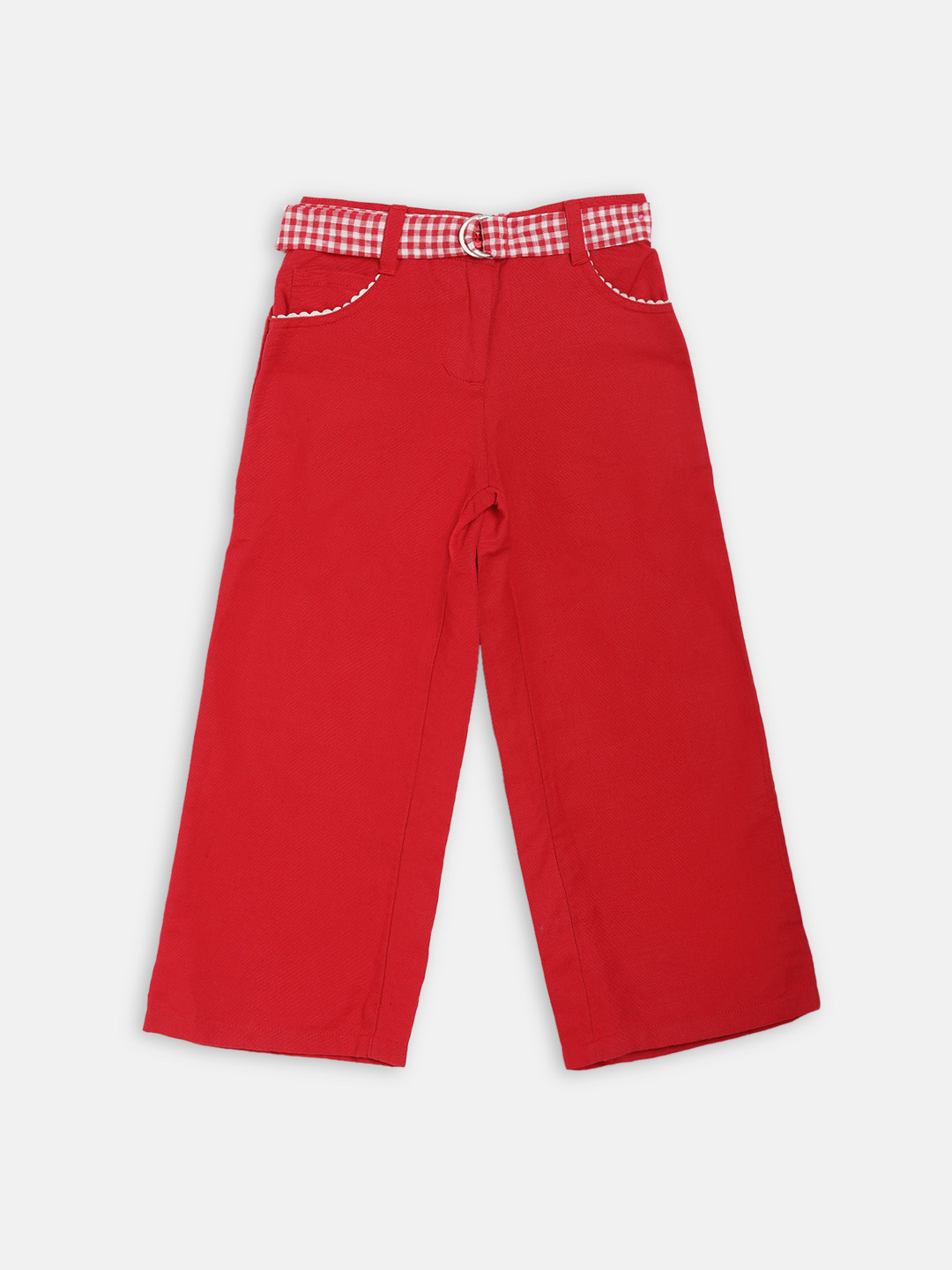 ELLE Girls Red Regular Fit Solid Linen Parallel Trousers