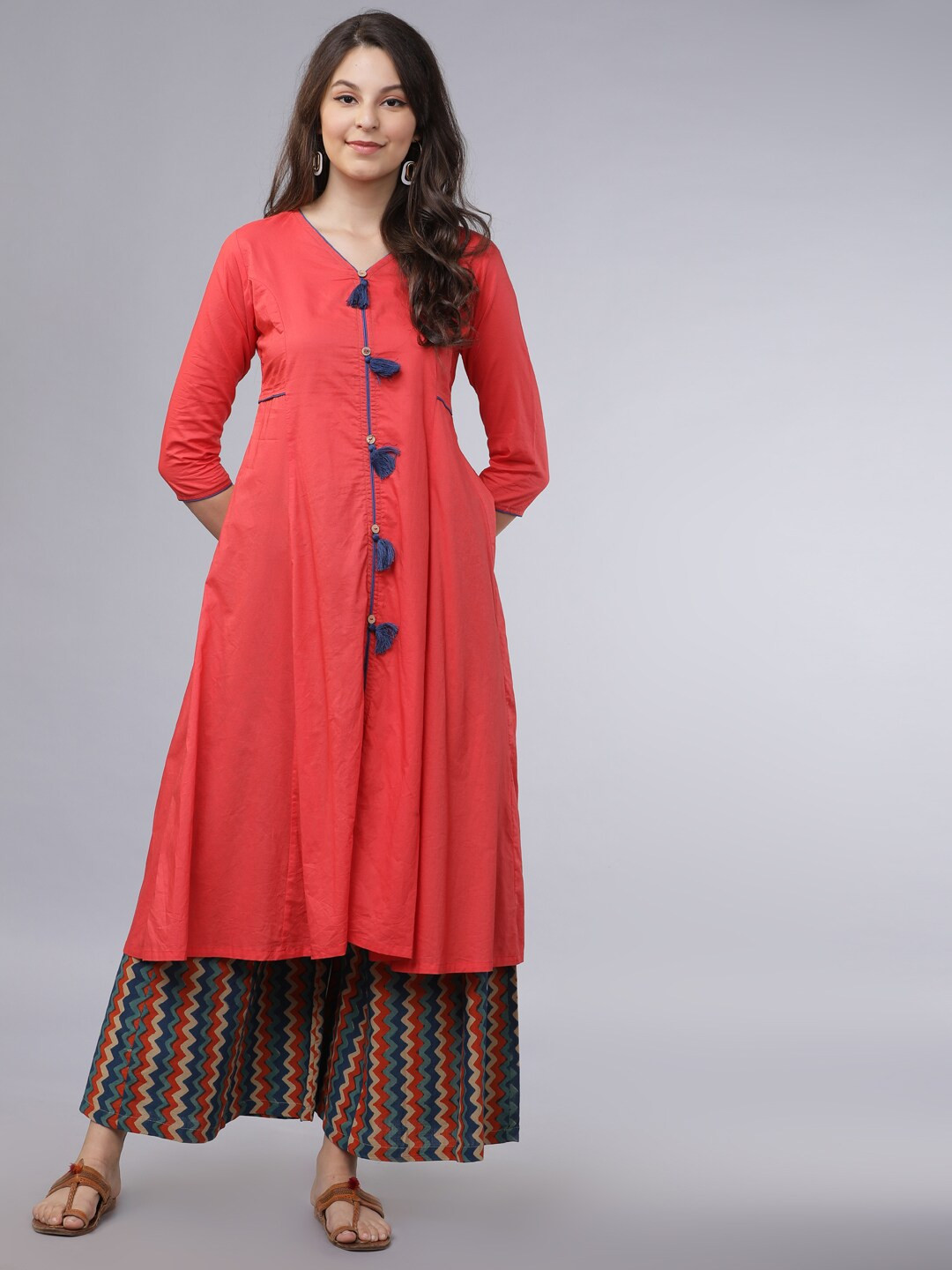 Vishudh Women Coral & Blue Solid A-Line Kurta