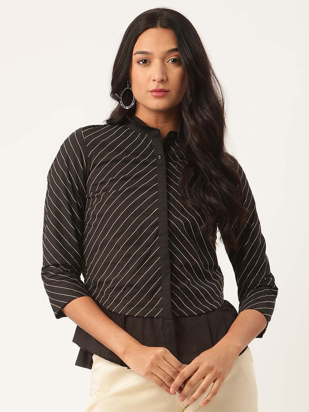 ROOTED Women Black Embroidered Shirt Style Top