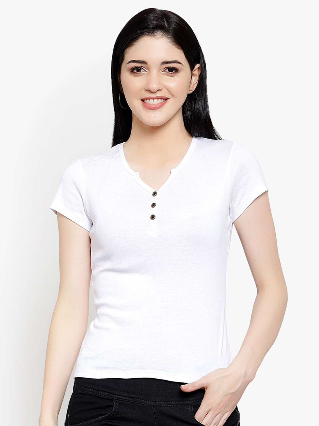 LE BOURGEOIS Women White Solid Henley Neck Top