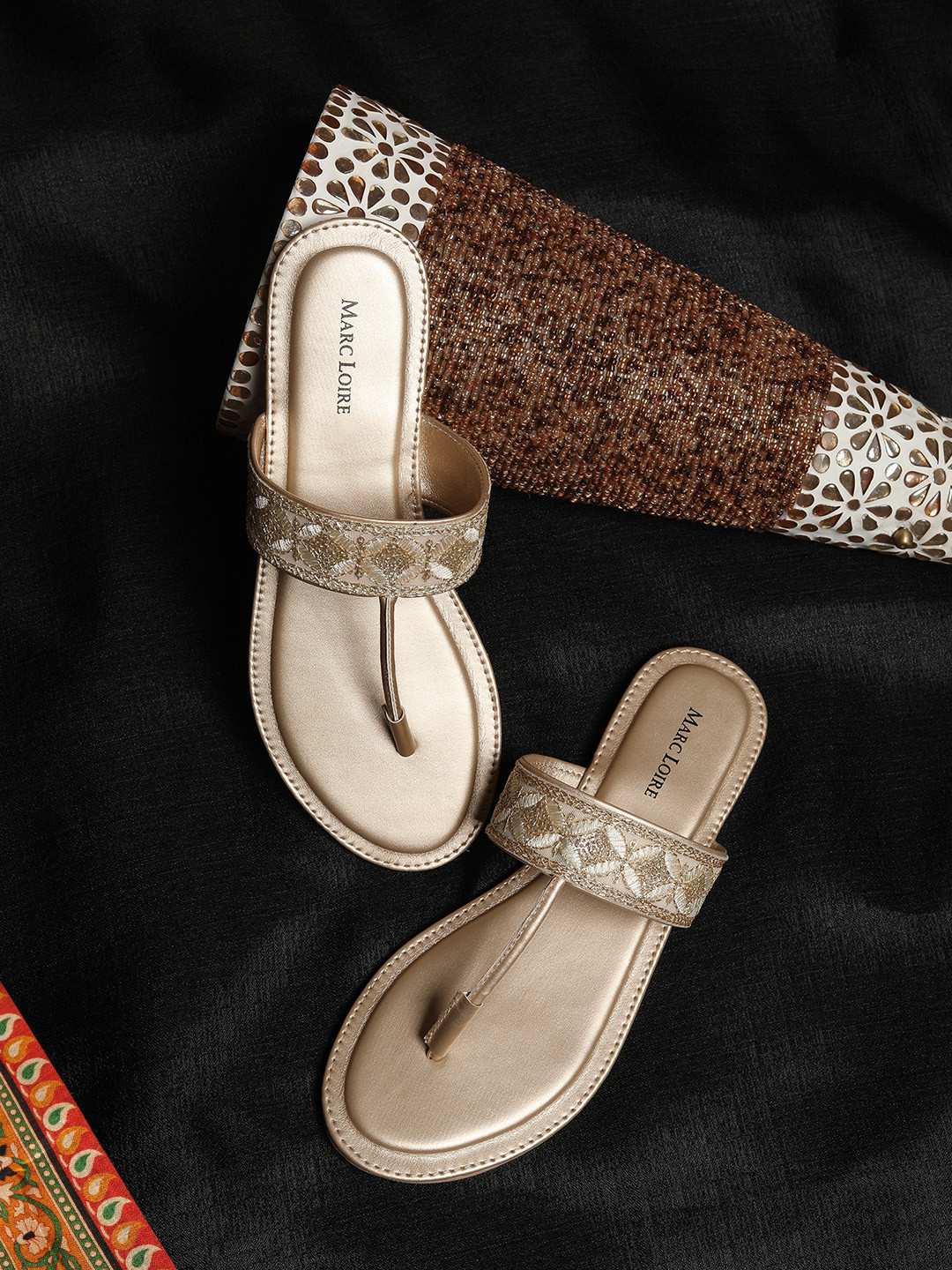 Marc Loire Women Off-White & Gold-Toned Embroidered T-Strap Flats