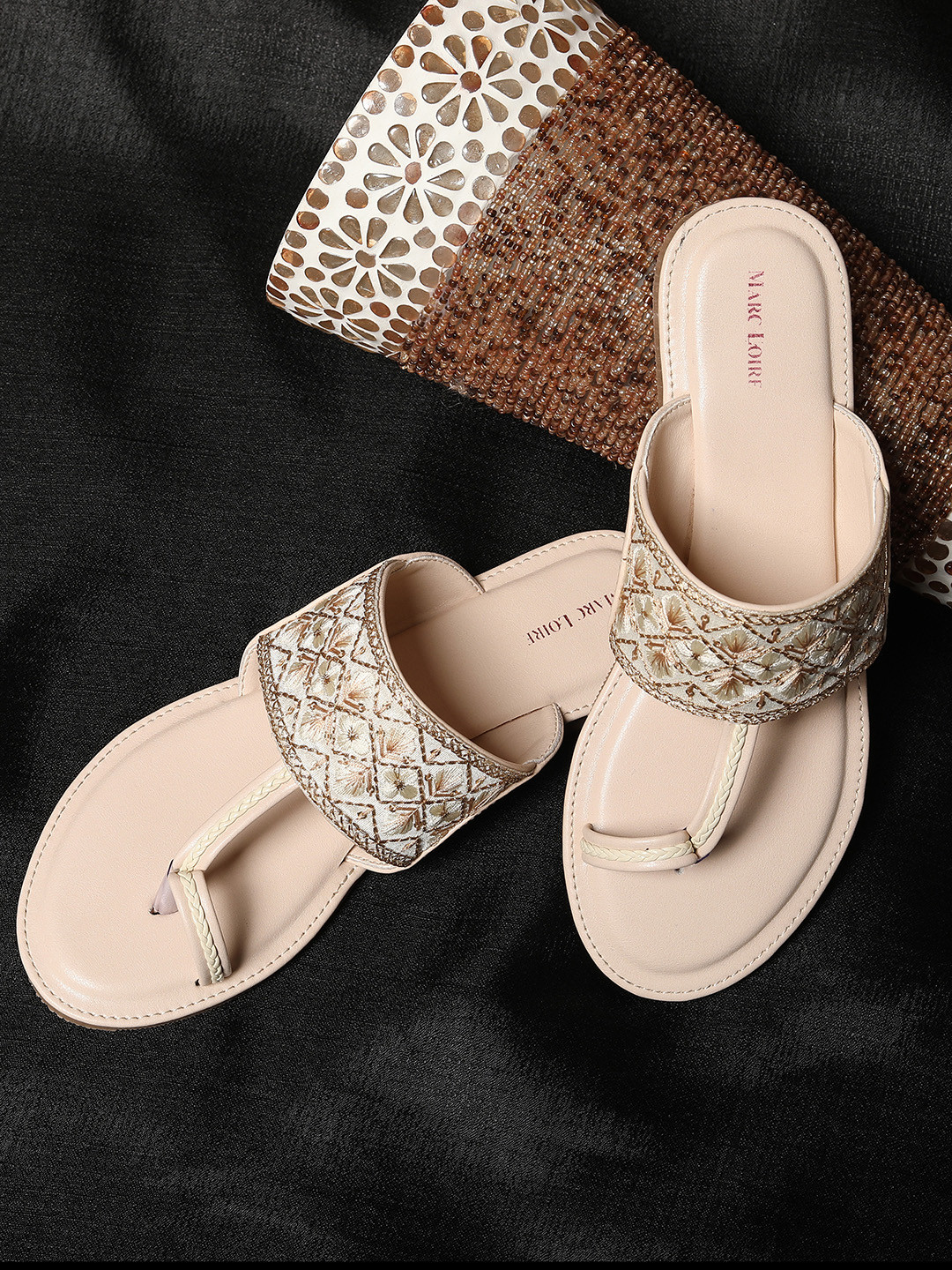 Marc Loire Women Cream-Coloured & Gold-Toned Floral Embroidered One Toe Flats