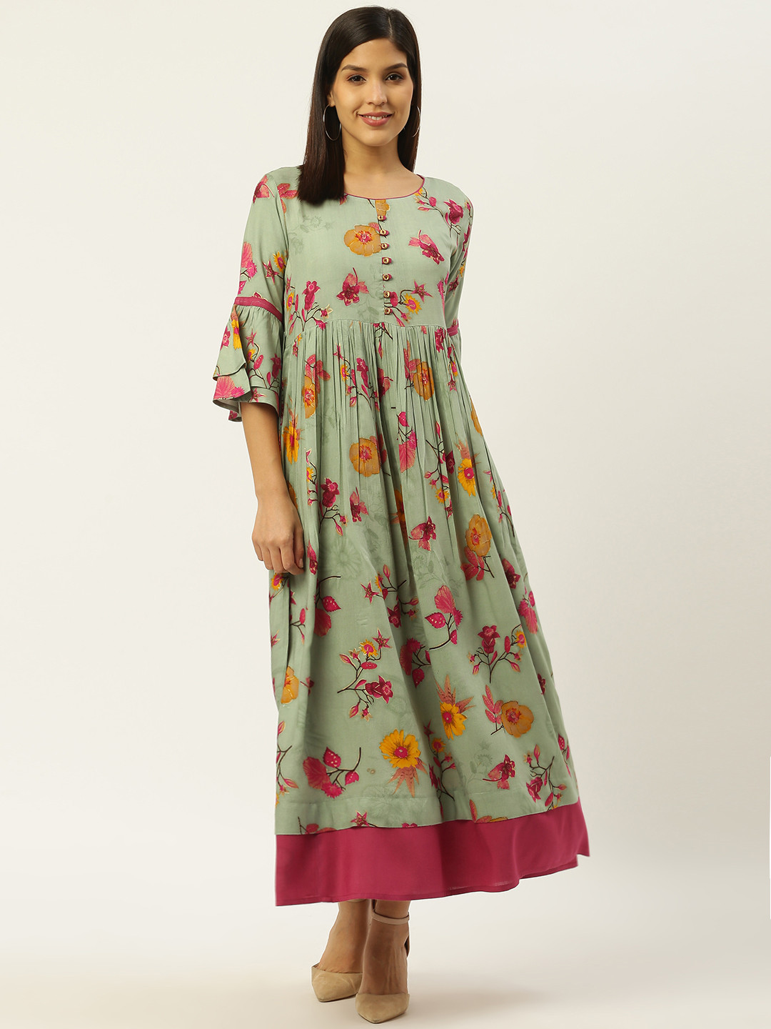 RANGMAYEE Women Green Foil Printed Maxi Dress