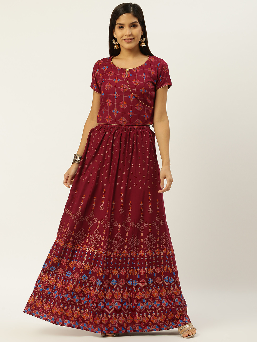 RANGMAYEE Women Maroon & Golden Printed Top with Skirt