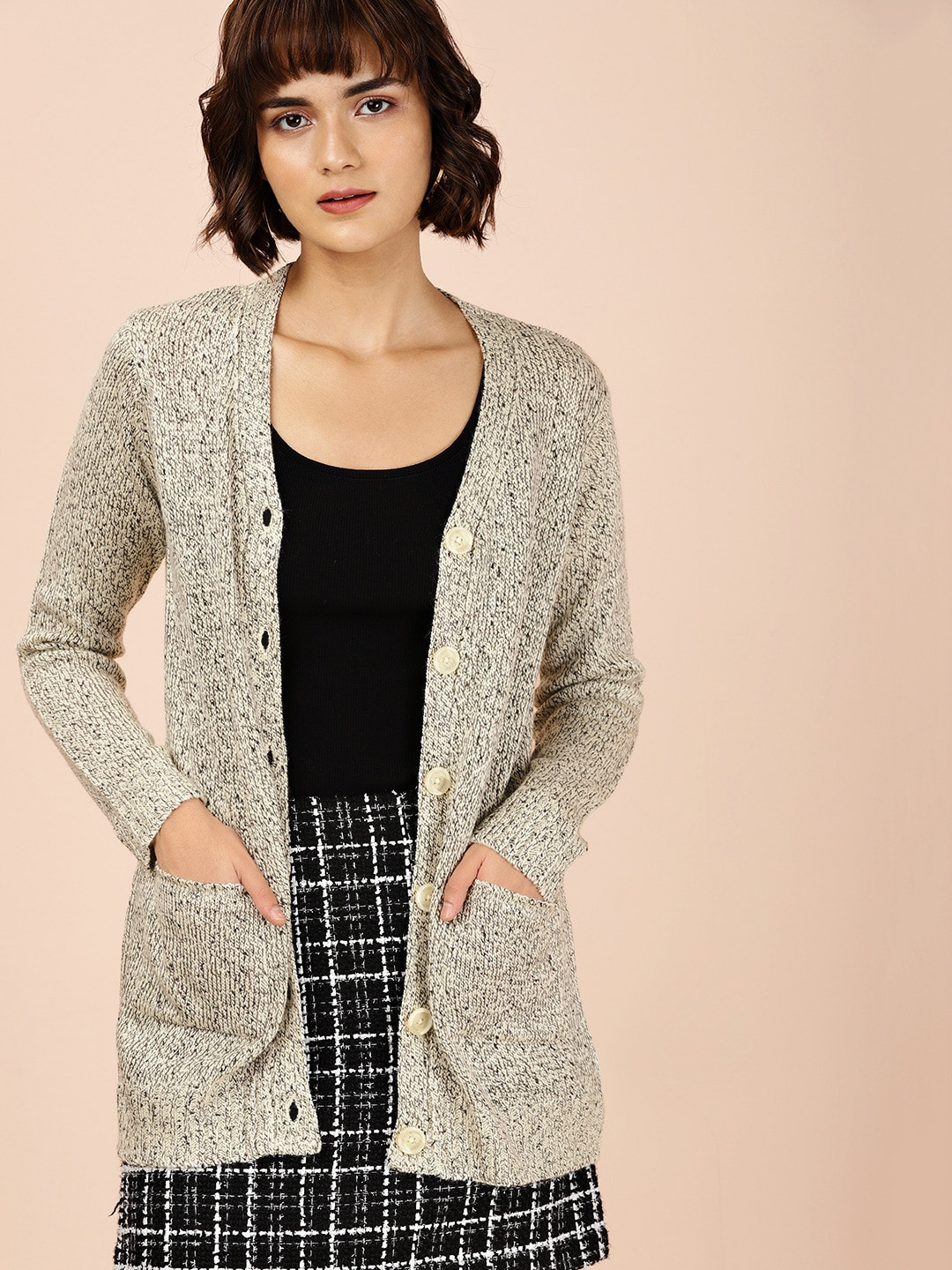 all about you Women Off-White Self Design Cardigan Sweater