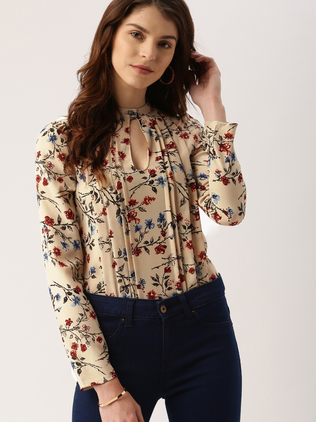 all about you Women Beige & Rust Red Floral Printed Top
