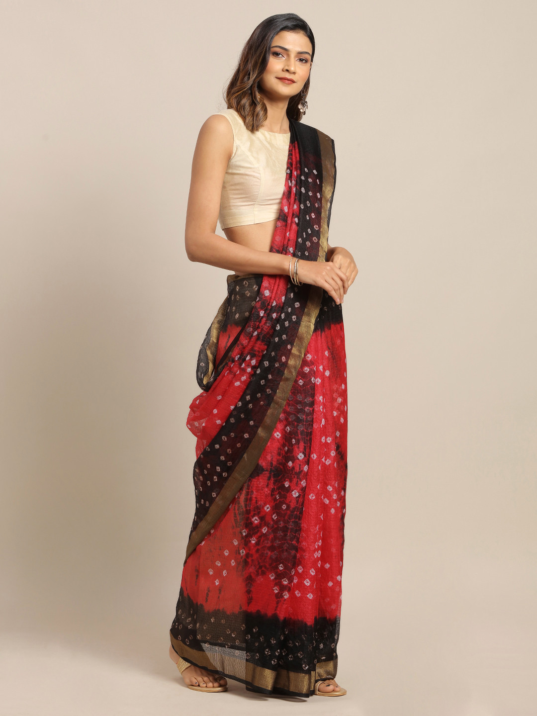 Geroo Jaipur Hand Dyed Red & Black Bandhani Kota Silk  Saree