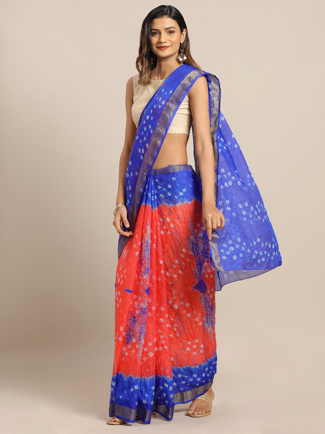 Geroo Jaipur Hand Dyed Orange & Blue Bandhani Kota Silk  Saree