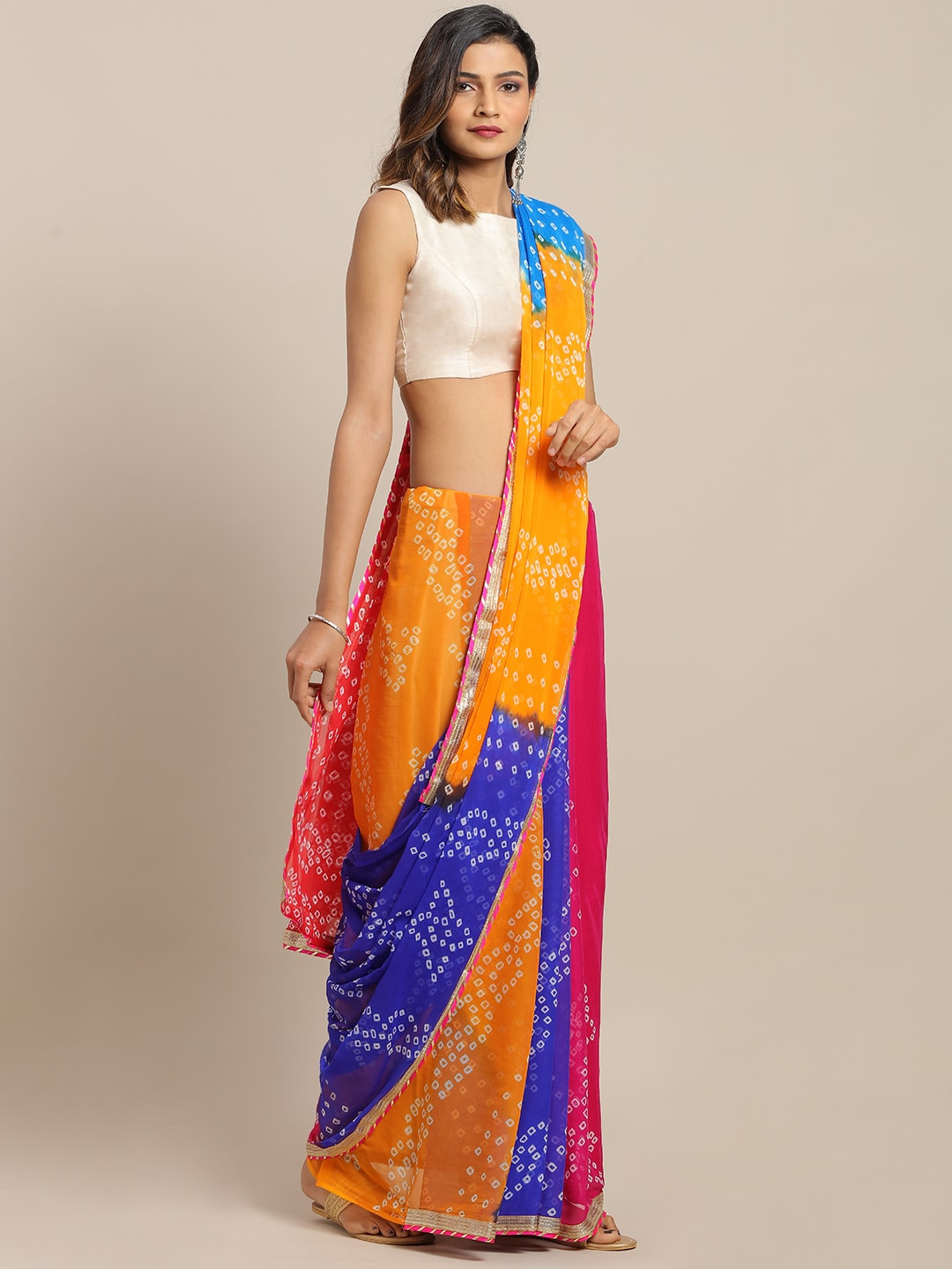 Geroo Jaipur Hand Dyed Multicolor Bandhani Chiffon  Sustainable Saree