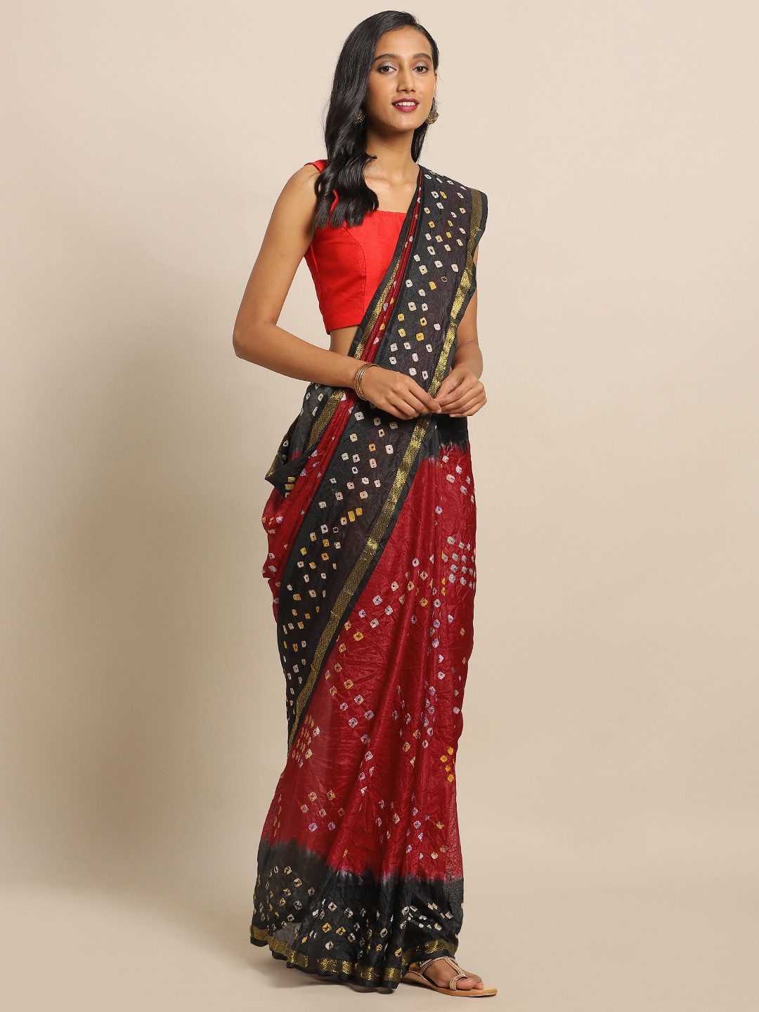 Geroo Jaipur Hand Dyed Red & Black Bandhani Silk  Saree